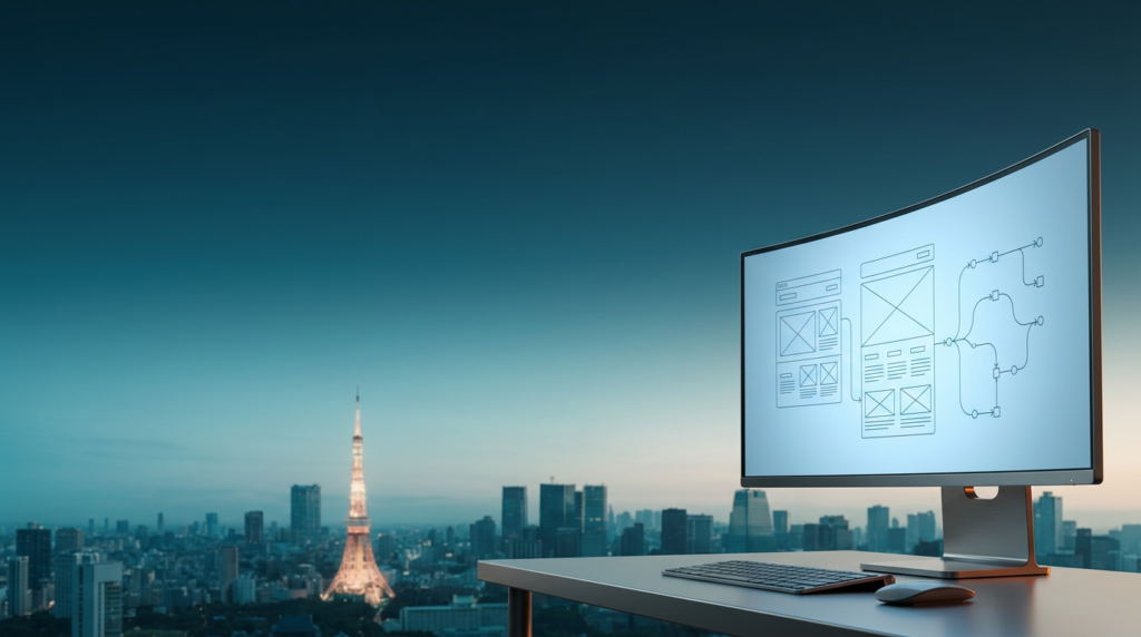 A wide-angle 16:9 cinematic shot captured on an 85mm lens at f/2.0 featuring a sleek, professional desk setup positioned in the extreme lower-right third of the frame, the workstation consists of a high-end ultra-wide curved monitor displaying intricate, non-textual abstract web wireframes and clean vector node pathways in a soft, monochromatic blue glow, the foreground hardware is composed of brushed metallic gray materials with a subtle burnt orange indicator light reflecting off its polished edges, the background reveals an expansive, tranquil view of the Tokyo skyline at the transition of twilight to dawn, dominated by the distinct silhouette of the Tokyo Tower glowing with faint, warm cream light against a deepening teal sky, the left and upper two-thirds of the image remain a vast, uncluttered expanse of deep sky and soft cyan atmospheric haze, the scene is devoid of people and signage, maintaining a grounded, hyper-realistic architectural editorial aesthetic, the lighting transitions from the cool ambient teal of the pre-dawn city to a soft, warm cream highlight touching the geometric edges of the buildings, creating a sense of professional clarity and calm, captured with high-fidelity texture and realistic photographic bokeh.