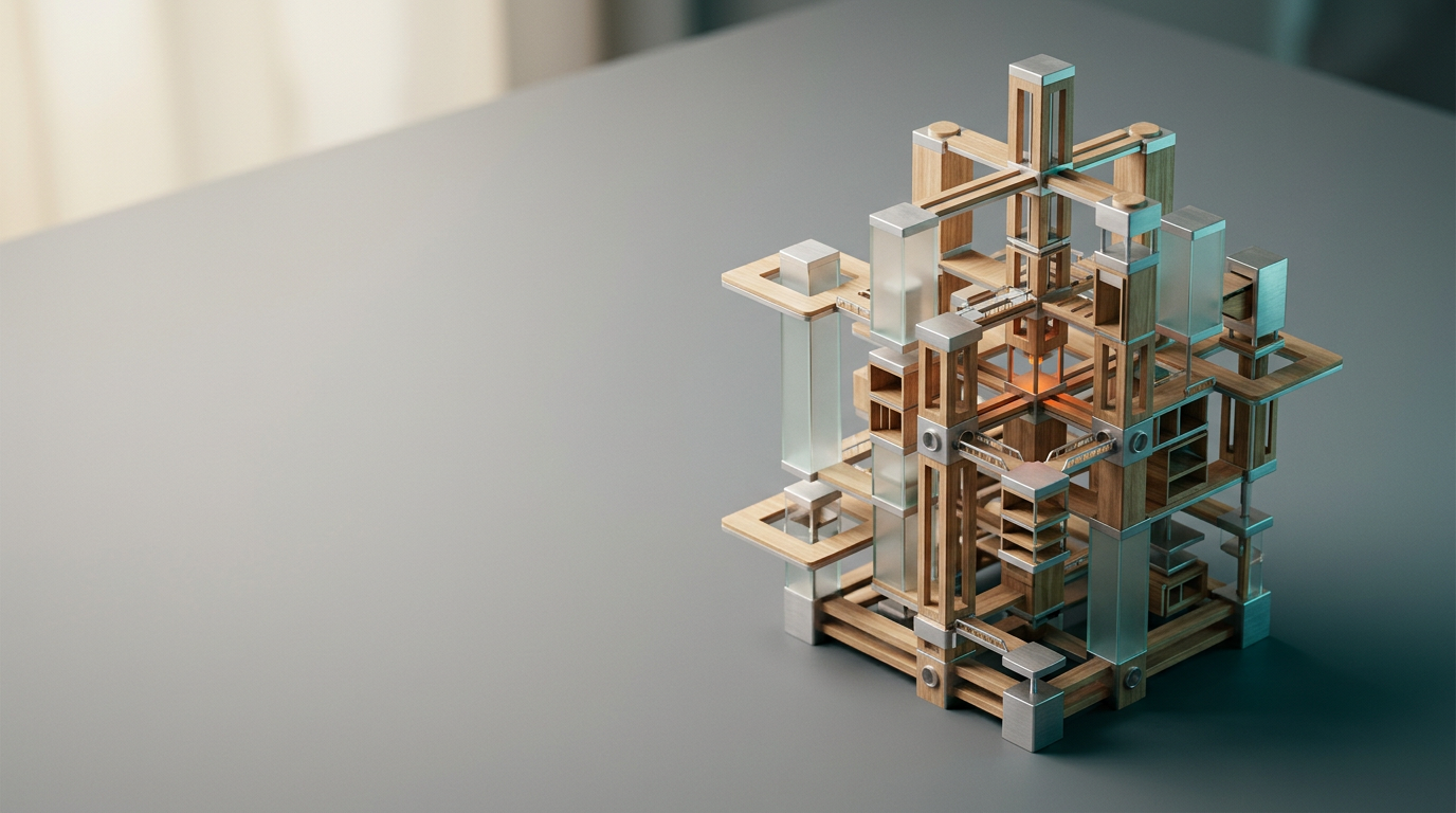 A sophisticated, wide-angle cinematic studio photograph of an intricate, modular architectural scale model representing a structured information ecosystem, positioned on the right third of a clean, matte-gray surface, leaving the left third as uncluttered negative space for copy. The model is constructed from polished light wood, brushed satin-finished metal, and segments of frosted glass, featuring a multi-layered, interconnected vertical geometry that visualizes organized knowledge and topical depth. The scene is illuminated by soft, natural warm cream key light from the upper left, with subtle rim lighting in deep teal and faint cyan highlights reflecting off the glass and metallic joints. A single, controlled, warm burnt orange accent light subtly illuminates one central intersection point within the structure. The composition is captured with an 85mm prime lens, showing sharp, realistic textures, physically accurate shadows, and a shallow, natural depth of field that keeps the focus on the structural hierarchy of the model. Atmospheric haze is minimal, creating a clean, professional, and gallery-grade presentation. No humans, no text, no pseudo-writing, no digital interfaces, and no signage included. Photorealistic, 8K resolution, cinematic photography, generated by nanobanana pro --ar 16:9