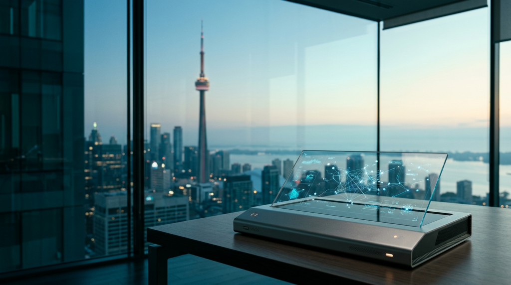 Cinematic 16:9 editorial architectural photography of a high-end, minimalist workstation setup featuring a sleek, brushed metallic gray AI diagnostic console with a crystal-clear glass display showing complex, abstract, non-textual neural network vector nodes and flowing data path geometries, positioned firmly in the lower-right third of the frame, the background reveals the iconic Toronto skyline at the transition of twilight into dawn, dominated by the distinct silhouette of the CN Tower rising above the distant urban geometry and the shimmering, calm surface of Lake Ontario, the atmosphere is filled with a soft, clean marine layer haze that creates expansive, uncluttered negative space across the left and upper sky for copy placement, deep teal shadows define the architecture and water, while soft cyan atmospheric light illuminates the horizon, warm cream highlights catch the edges of the tower and foreground console, subtle burnt orange light from a tiny status indicator on the device provides a focal accent, shot on an 85mm prime lens at f/2.0, sharp tactile foreground focus on the console with soft, atmospheric bokeh on the city skyline, absolutely no humans or text, grounded professional realism, hyper-detailed industrial design.
