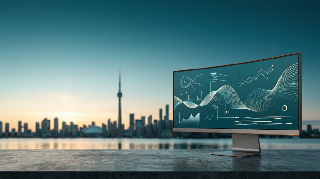 Photorealistic, 16:9 widescreen, shot on an 85mm prime lens at f/2.0. An expansive, optimistic scene of Toronto at twilight transitioning into early daylight. In the lower-right third of the frame, in sharp, tactile foreground focus, sits a high-end, sleek, ultra-wide curved monitor. Its enclosure is durable brushed metallic gray #E6E6E6, with pristine glass surfaces and subtle burnt orange #E06719 hardware bevel highlights. The monitor display shows abstract, non-textual growth marketing analytics: intricate vector paths, data visualizations, and minimal line diagrams, rendered in soft cyan #C1E3E6 and subtle warm cream #FFF4CE against a deep teal #116F76 background. The monitor rests on a surface of dark, location-authentic concrete or timber, catching soft warm cream #FFF4CE highlights from the rising sun. Extending across the center and left distance, with a natural, soft photographic bokeh, is the iconic silhouette of the CN Tower and a segment of the Toronto downtown skyline. The sky above is a gradient of deep teal #116F76, transitioning to soft cyan #C1E3E6 and warm cream #FFF4CE towards the horizon, reflecting in the distant Lake Ontario. The left two-thirds and upper section of the frame are intentionally uncluttered and spacious, filled with the atmospheric twilight sky. The entire scene is completely unoccupied, with zero humans, no legible text, logos, numbers, or city signage anywhere. The lighting, atmospheric scale, and perspective are consistent with high-end commercial editorial architectural photography.