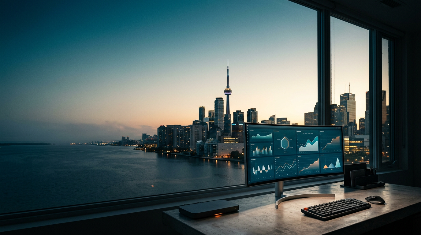 A wide-angle 16:9 cinematic shot captured on an 85mm lens at f/2.0 featuring a clean, minimalist workstation in the lower-right foreground, consisting of a sleek brushed metallic ultra-wide monitor displaying abstract geometric performance analytics and clean vector growth charts, set upon a polished concrete surface. The background showcases a breathtaking, uncluttered view of the Toronto skyline at the transition between deep twilight and early dawn, with the iconic silhouette of the CN Tower rising elegantly against a soft gradient sky of deep teal and morning cream. The left two-thirds of the frame consist of vast, open atmospheric haze and clear sky, providing ample negative space for text overlay. The lighting is soft and natural, with the warm glow of the rising sun catching the edges of the Toronto architecture and reflecting subtly on the glass of the monitor, accented by a faint burnt orange indicator light on the hardware console. The aesthetic is sophisticated, professional, and grounded in high-end architectural photography, completely devoid of humans, text, logos, or neon signage, with a color palette of deep teal, soft cyan, warm cream, and brushed metallic gray.
