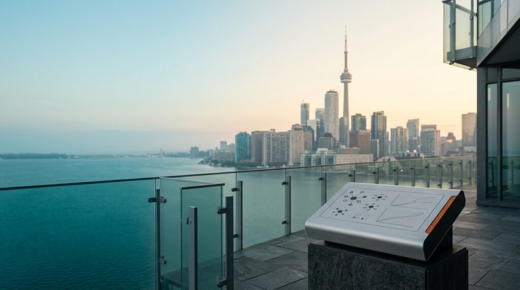 A cinematic 16:9 widescreen editorial photograph of an unoccupied modern architectural high-rise terrace overlooking Lake Ontario and the Toronto skyline at dawn twilight. The iconic silhouette of the CN Tower rises above the waterfront towers with natural photographic bokeh, leaving the left two-thirds spacious and open. In the lower-right third sits a sleek brushed metallic search telemetry console showing clean abstract node clusters and vector indexing curves.