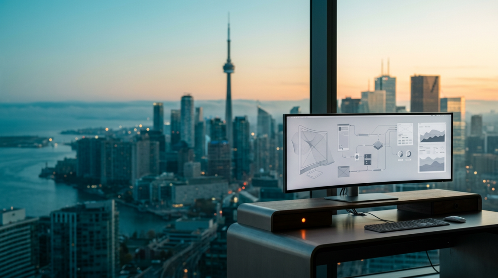 A high-end 85mm architectural editorial photograph of a modern, minimal workspace terminal positioned in the lower-right third of the frame, featuring a sleek, ultra-wide curved monitor displaying intricate, non-textual abstract vector wireframes and geometric UI design paths in soft monochromatic tones. The workstation is crafted from brushed metallic gray surfaces and high-quality dark timber, with a single discrete burnt orange indicator light softly glowing on its chassis. The background, occupying the expansive left and center portions of the frame, captures an atmospheric twilight-to-daylight transition overlooking the Toronto skyline, dominated by the distinct silhouette of the CN Tower rising above a tranquil, soft-focused cityscape bathed in a deep teal marine layer and morning mist. Warm cream sunlight catches the edge of distant glass high-rises and the landmark structure, creating a harmonious contrast against the cool cyan atmosphere. The composition is wide-angle 16:9, intentionally uncluttered on the left to provide vast negative space for typography, shot with a shallow depth of field, sharp foreground hardware focus, and soft bokeh on the distant iconic skyline. No humans, no text, no logos, no signage, no holograms, photorealistic professional commercial photography.
