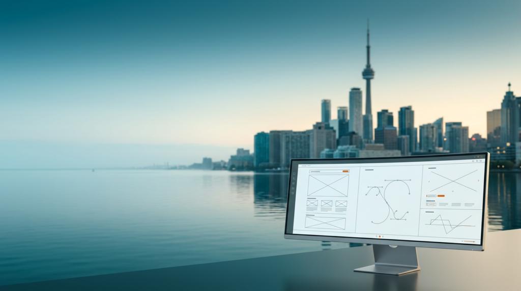 A photorealistic, high-end commercial editorial architectural photograph, captured at twilight transitioning into daylight, showcasing the Toronto downtown high-rise skyline with the iconic CN Tower silhouette in the soft, distant background. The view extends across the tranquil surface of Lake Ontario, creating an expansive, uncluttered negative space in the left two-thirds and upper sections of the 16:9 frame. In the lower-right third, in sharp, tactile foreground focus, sits a sleek, high-end ultra-wide curved display workstation monitor. Its pristine glass screen displays abstract, non-textual UI wireframes, intricate vector path diagrams, and minimal line diagrams, with subtle Burnt Orange #E06719 indicator lights. The monitor's enclosure is crafted from durable Brushed Metallic Gray #E6E6E6. The lighting scheme incorporates Deep Teal #116F76 grounding the water reflections and deepest sky gradations, Soft Cyan #C1E3E6 defining the atmospheric haze and horizon glow, and Warm Cream #FFF4CE catching the architectural edges and sky transitions. The distant city architecture is rendered with a natural, soft photographic bokeh from an 85mm prime lens at f/2.0. Absolutely no humans, text, or brand logos are visible anywhere in the scene.