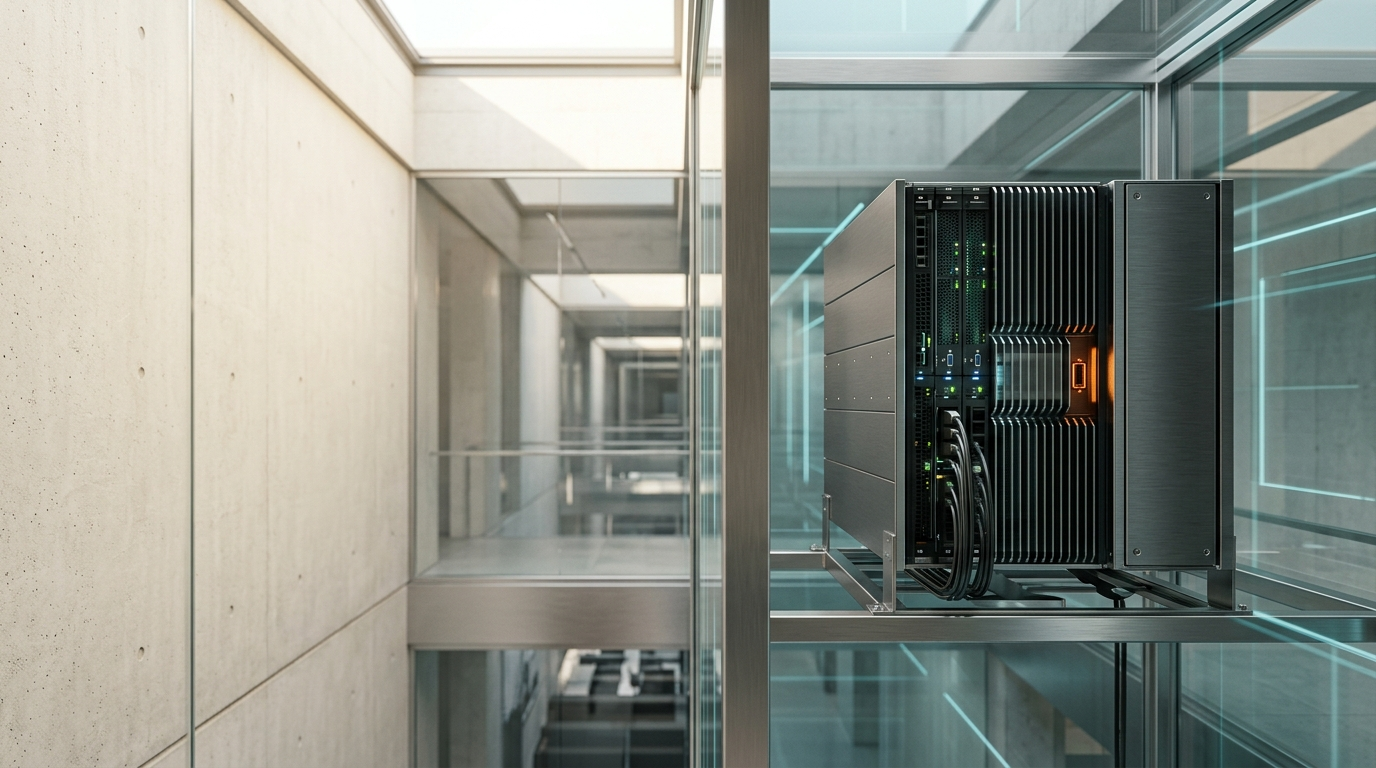 A cinematic, eye-level architectural photograph of a high-performance, compact server-array core housed within a minimalist, climate-controlled glass and brushed-metal atrium, representing the precision of enterprise trend surveillance. The primary subject—a sleek, modular processing unit with clean geometric cooling fins and subtle, integrated status indicators—is positioned in the right third of the frame. The left two-fifths of the image consist of a clean, softly lit concrete and glass wall, providing uncluttered, atmospheric negative space for website copy. Warm natural daylight streams from an overhead skylight to provide a soft cream key light, complemented by a restrained, purposeful accent of warm burnt orange on a single diagnostic port. Faint, cool cyan highlights appear as thin, reflective light paths on the surrounding glass, suggesting data flow without the use of interfaces or holographic projections. The background is a calm, slightly out-of-focus architectural vista that conveys a sense of stable, sophisticated infrastructure. Shot on an 85mm prime lens to emphasize material textures and refined spatial depth. Photorealistic, 8K resolution, crisp, controlled lighting, physically accurate metallic and concrete surfaces, professional composition, generated by nanobanana pro --ar 16:9
