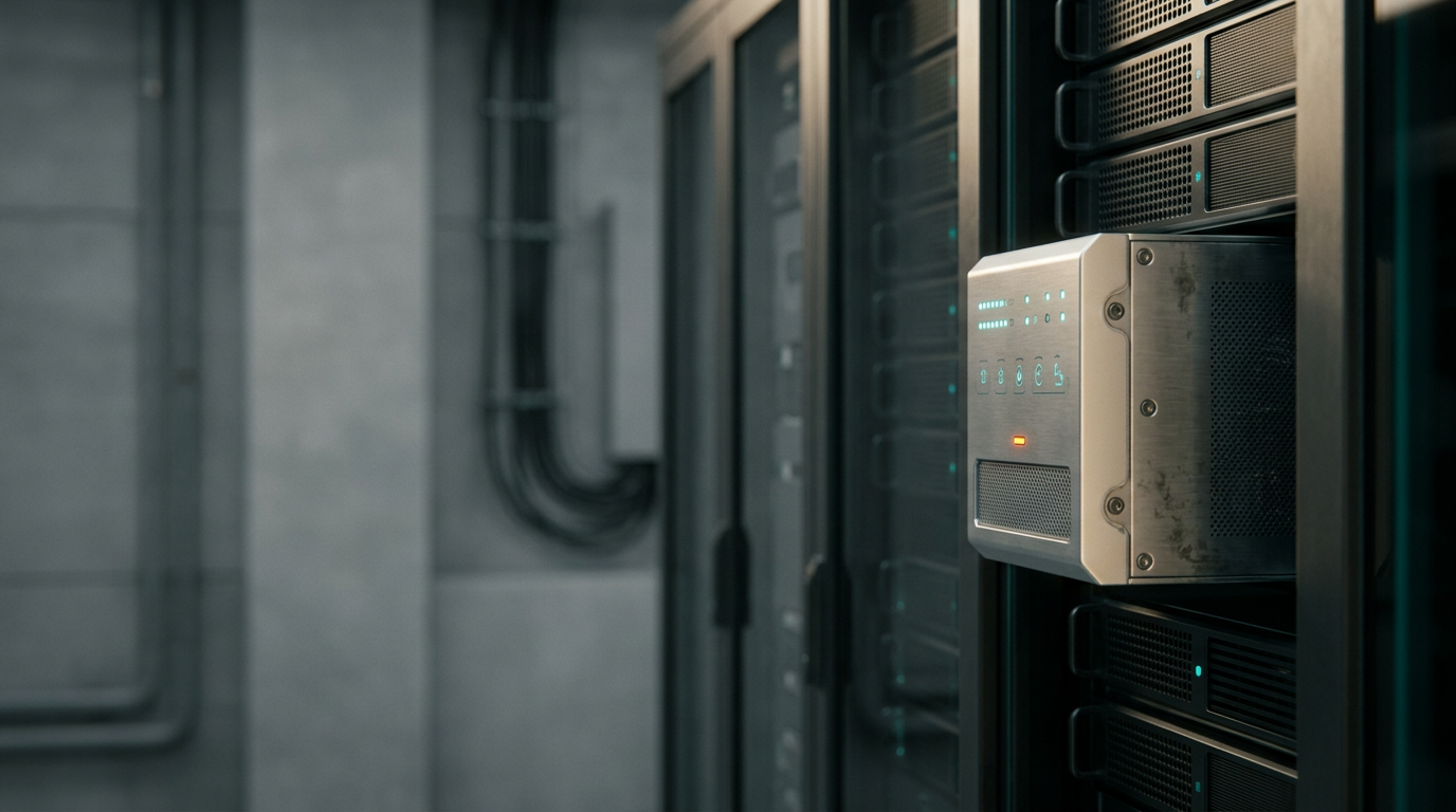 A cinematic, photorealistic 85mm shot of a high-end, secure server rack assembly isolated within a minimalist, brushed-concrete data environment, focusing on a single compact diagnostic module with clean, brushed-metal housing and a series of subtle, non-readable cyan indicators that suggest systematic sanitization and monitoring. The primary subject is positioned in the right third of the frame, with the left side remaining as a soft, out-of-focus background of muted gray architectural planes to serve as clean negative space for website copy. The lighting is premium and controlled, featuring soft cream-toned key light to define the metallic edges, a restrained teal rim light accentuating the equipment depth, and one solitary, precise burnt-orange light point indicating an active, protected state. The materials show realistic industrial textures, including satin-finished aluminum and tempered glass cooling panels, with a natural, calm atmospheric haze that provides depth without clutter. The composition is disciplined, balanced, and commercially sophisticated, ensuring the technological elements feel purposeful, integrated, and secure. Exclude all people, human silhouettes, legible text, pseudo-writing, logos, neon grids, holograms, floating interfaces, and impossible machinery. Photorealistic, 8K resolution, crisp lighting, physically accurate shadows, natural depth of field, HDR-quality, generated by nanobanana pro --ar 16:9