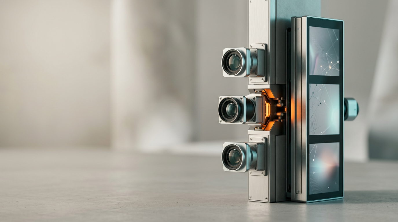 A sophisticated studio-lit composition representing video micro-formatting, featuring a central architectural arrangement of brushed metallic server components and precise optical sensor modules, captured in a clean, minimalist environment. The primary subject—a sleek, vertical data processing array—is positioned in the right third of the frame, showing integrated, non-readable liquid crystal panels that display subtle, abstract graphical movement to represent efficient content transformation. The left two-thirds of the image remain as uncluttered, softly lit negative space featuring a neutral concrete surface and smooth, out-of-focus background textures, designed for perfect copy placement. Lighting is a soft, warm 5000K daylight key source, supplemented by delicate, targeted rim lighting in Deep Teal #116F76 and Soft Cyan #C1E3E6, with a single, highly controlled accent of Warm Burnt Orange #E06719 on a mechanical junction of the central apparatus. Photographed with a 50mm prime lens, focusing on industrial-grade craftsmanship, realistic material textures, and precise geometric alignment. No humans, no text, no pseudo-writing, no readable numbers, and no decorative holograms. Cinematic photography, 8K resolution, crisp controlled lighting, physically accurate shadows, natural depth of field, generated by nanobanana pro --ar 16:9