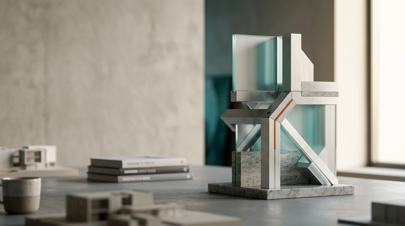 An editorial-grade photograph of a sophisticated design studio workspace, featuring a balanced, high-end material study of architectural forms and refined geometric objects arranged on a sleek, matte-finished grey surface. The primary subject is a singular, meticulously crafted sculptural assembly composed of brushed aluminum, frosted glass, and polished stone, serving as a physical metaphor for visual transformation and system cohesion. Positioned in the right third of the frame, the subject catches soft, warm cream morning light from a large window, while deep teal and soft cyan reflections from subtle environmental accents play across the glass surfaces. A controlled, single pop of burnt orange appears as a fine, metallic inlay detail on one of the assembly’s joints. The left two-fifths of the frame consist of a gently out-of-focus, neutral-toned wall, providing clean, uncluttered negative space for website copy. The scene is captured with an 85mm prime lens, creating a shallow depth of field that emphasizes the textures of the materials and the precision of the forms. Lighting is natural, cinematic, and calm, conveying professionalism and creative clarity. No people, text, numbers, or pseudo-writing. Photorealistic, 8K resolution, crisp material details, physically accurate shadows, generated by nanobanana pro --ar 16:9