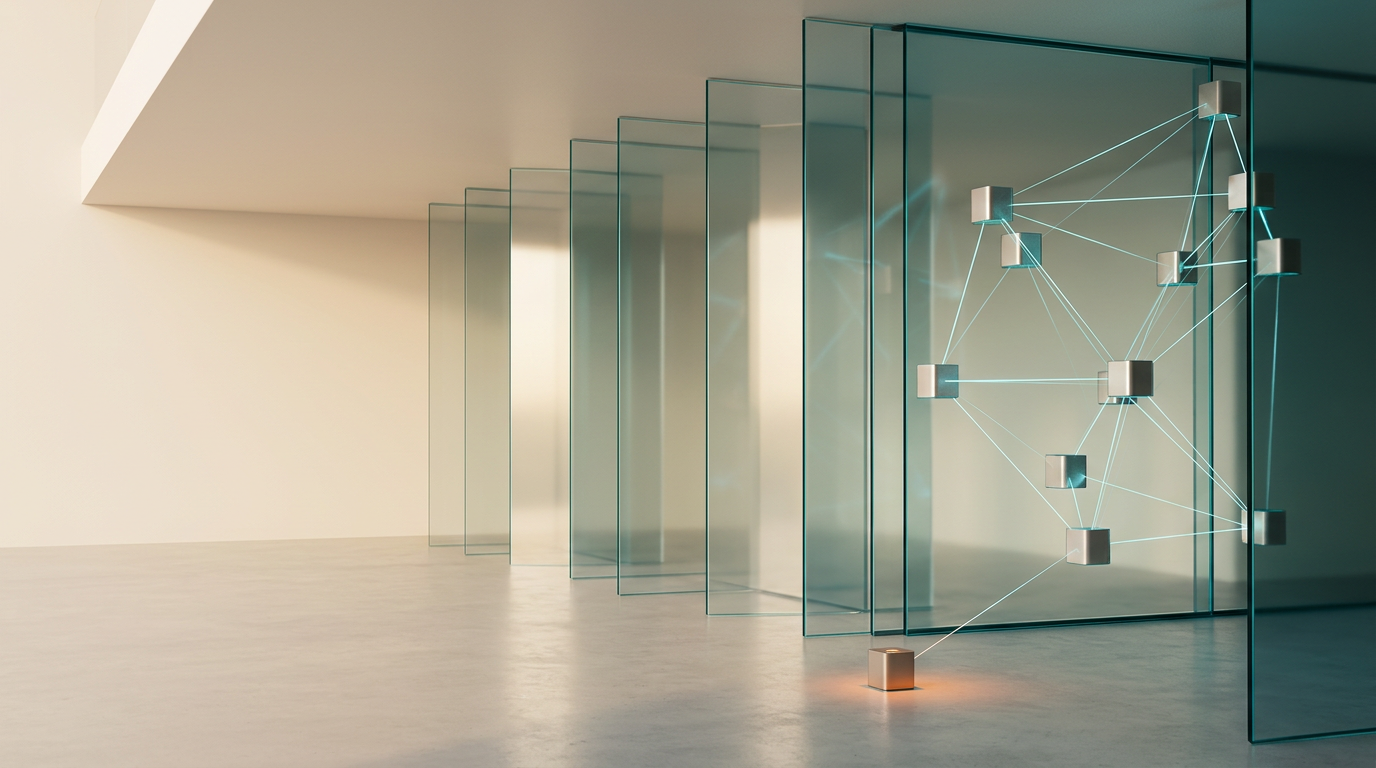 A wide-angle, eye-level cinematic photograph of a clean, minimalist architectural atrium featuring a series of precisely aligned, translucent glass partitions that catch soft, early-morning sunlight. The composition is structured with a primary, sophisticated geometric light installation in the right third of the frame, representing the seamless integration of digital accessibility; the installation consists of modular, satin-finished metallic nodes connected by subtle, glowing cyan filaments that suggest structural clarity and information flow. The left two-fifths of the scene consist of uncluttered, warm-toned architectural surfaces, providing intentional negative space for website copy. The lighting is dominated by Warm Cream natural daylight, with Deep Teal rim lighting tracing the edges of the glass and metallic elements to provide atmospheric depth. A single, restrained Warm Burnt Orange accent light illuminates a small, secondary sensor node on the floor, signifying precision and purpose. The image features natural depth of field using a 50mm lens, realistic material textures of polished concrete and tempered glass, and a calm, orderly atmosphere free from clutter. No humans, no silhouettes, no text, no numbers, no signage, no holograms, no fantasy elements, no floating interfaces. Photorealistic, 8K resolution, cinematic quality, generated by nanobanana pro --ar 16:9