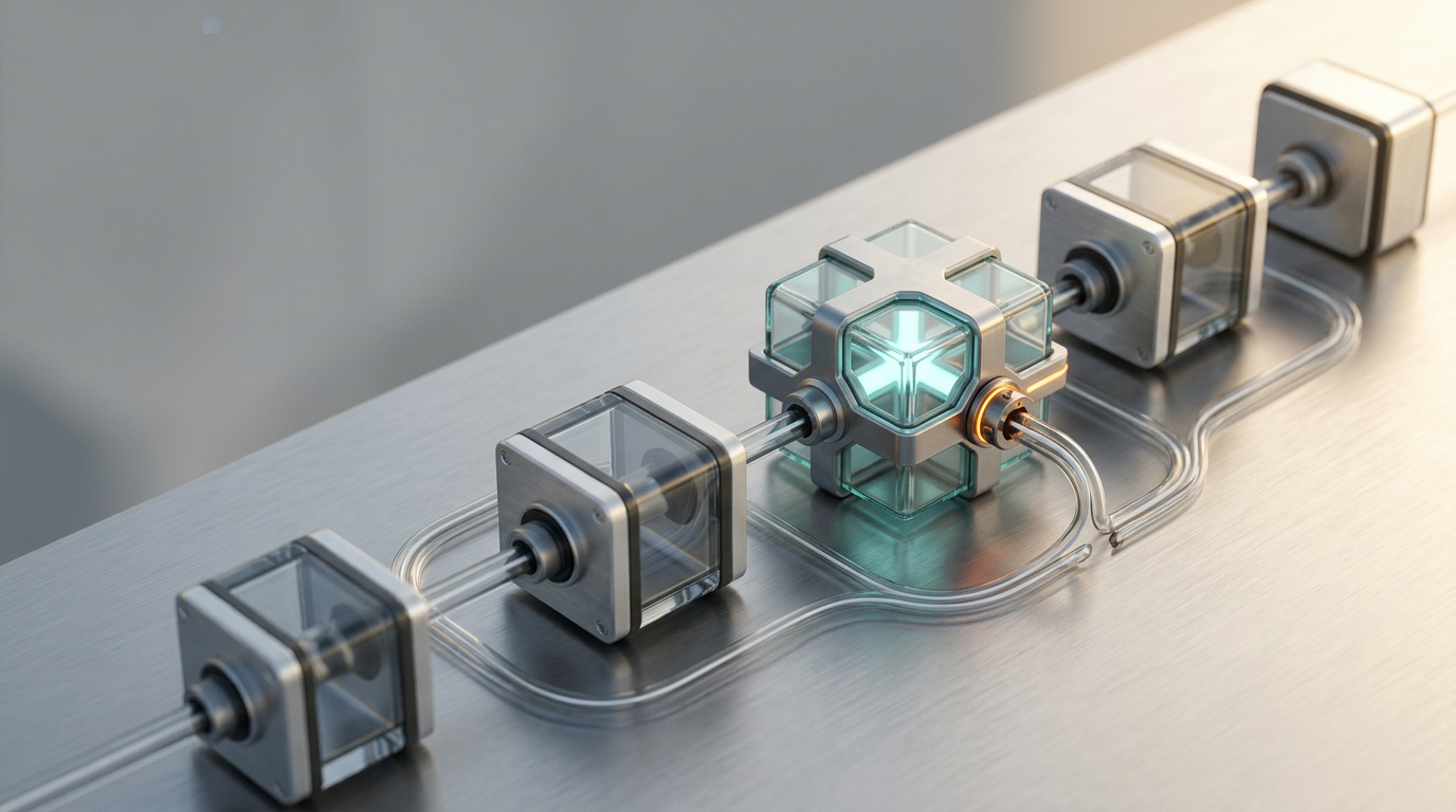 A sophisticated, photorealistic studio photograph of a series of refined, minimalist architectural modules representing a digital data pipeline, arranged with deliberate precision on a brushed-satin metal surface. The primary subject is a sequence of translucent glass and polished-metal nodes connected by slim, physically integrated fiber-optic conduits, suggesting the flow of information through a 3D environment. The scene is lit with warm, inviting sunlight from the upper right, casting soft, architectural shadows that define the depth of the components. A subtle, cool cyan illumination emanates from the internal junctions of the central node, while a singular, restrained warm orange accent light highlights a mechanical fastener on the primary assembly. The background is a clean, softly blurred neutral-gray environment that provides generous, uncluttered copy-safe space on the left side of the frame. Shot with an 85mm lens to ensure clean geometry, natural depth of field, and crisp material textures, including authentic reflections and realistic material junctions. The atmosphere is calm, precise, and highly professional. Excludes all humans, hands, text, numbers, signage, logos, holograms, floating interfaces, and generic sci-fi clutter. Photorealistic, cinematic lighting, 8K resolution, HDR-quality dynamic range, generated by nanobanana pro --ar 16:9