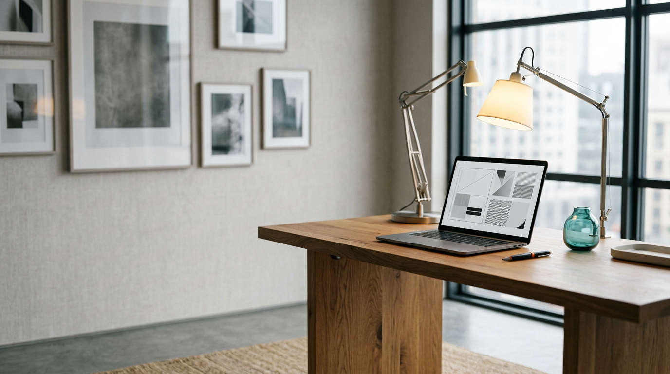 An exquisite, professional, and minimalist interior composition focusing on a refined, architectural workspace that symbolizes structured information and clear communication. A single, high-quality solid oak desk is positioned toward the right third of the frame, holding a premium, ultra-slim metallic notebook with an open screen displaying only abstract, non-readable, clean graphical layouts. A single, elegant desk lamp provides a warm, inviting key light in soft cream, while a subtle, refined accent of teal glass reflects a nearby architectural window. The left two-fifths of the frame serves as deliberate negative space, featuring a soft-focus, monochromatic gallery wall with high-end, matte-finish textures that provide a clean environment for page copy. Cinematic photography, 50mm prime lens, eye-level perspective, photorealistic, highly detailed, realistic material surfaces, natural depth of field, HDR-quality dynamic range, sophisticated lighting palette of neutral grays and soft ambient teals with a single, purposeful orange accent point on a small metal writing instrument. No people, no text, no readable symbols, no holograms, no interfaces, no logos, no artificial clutter. This image is generated by nanobanana pro --ar 16:9