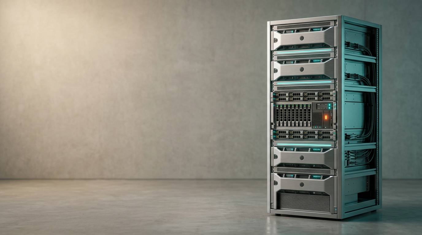 A high-end, architectural study of an organized data-server architecture composed of tiered, modular, brushed-aluminum cabinets, arranged in a clean, professional studio environment that signifies stability and consolidation. The primary subject consists of a sleek, vertically aligned rack system with subtle, integrated cyan LED status strips indicating a steady, optimized workflow, positioned in the right third of the frame. The left two-thirds of the image consist of a soft, neutral-toned concrete wall and a clean, open floor space to provide generous, uncluttered negative space for landing page copy. The lighting is cinematic, featuring warm, diffused key lighting from the top-left corner, complemented by soft teal-hued rim lighting on the metallic edges and a single, restrained burnt-orange accent light on a small diagnostic node to emphasize precision. The photography uses a 50mm lens with a subtle, realistic depth of field, rendering the textures of the brushed metal and matte surfaces with high fidelity and HDR-quality dynamic range. The environment is calm, professional, and devoid of any people, text, labels, or holograms, focusing entirely on the structural integrity and reliability of the system. This image is generated by nanobanana pro --ar 16:9