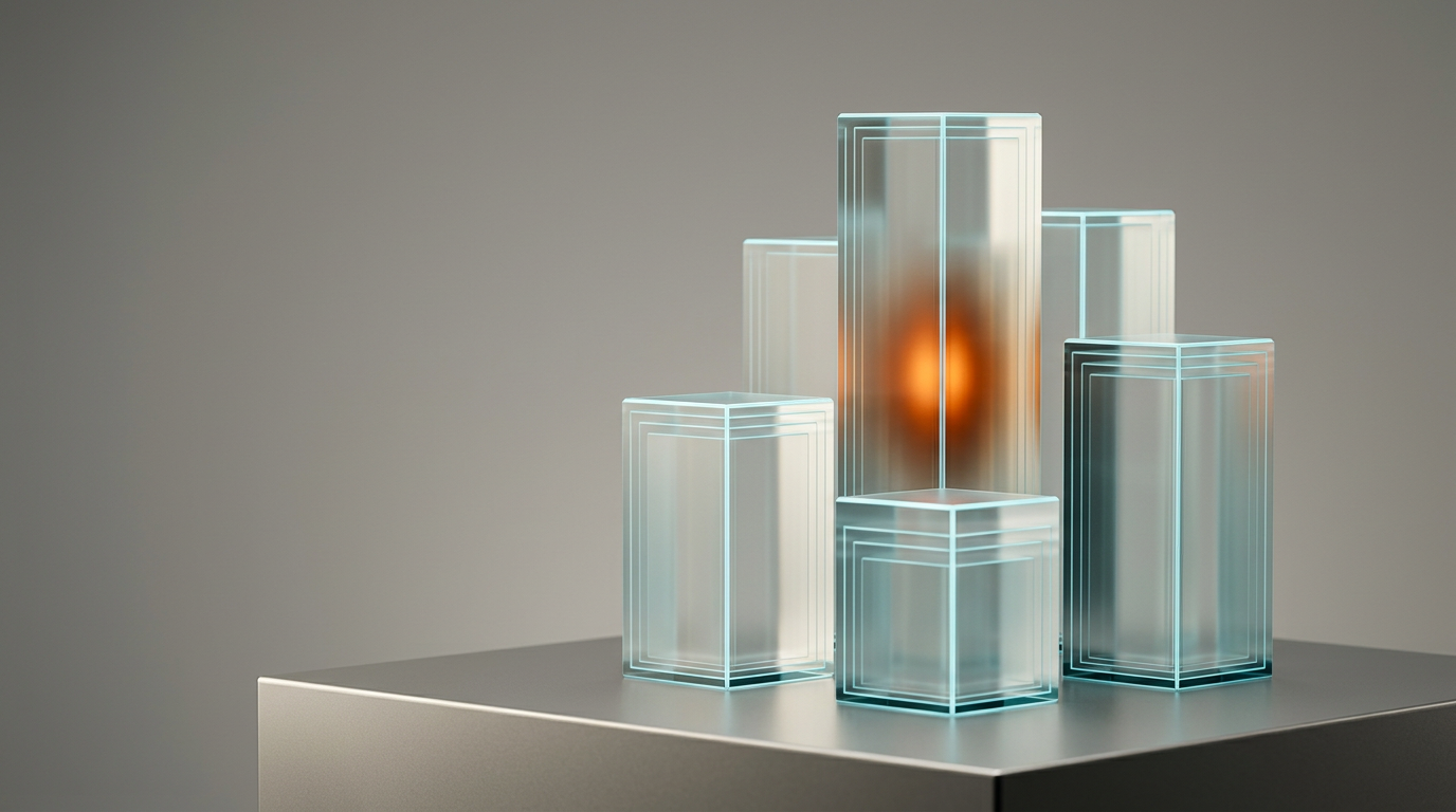 A sophisticated studio composition representing digital orchestration and technical precision, featuring a central sculptural arrangement of five translucent, layered glass architectural monoliths of varying heights, each edge precisely illuminated with a soft cyan #C1E3E6 light to suggest fluid information flow, positioned on a matte neutral metallic gray surface. A singular, deliberate focal point of warm burnt orange #E06719 emanates from the internal core of the tallest monolith, symbolizing high-intent demand capture. The scene is captured with a 50mm lens at eye-level to maintain realistic scale and sharp, clean depth of field. The left two-fifths of the frame consist of a softly lit, non-reflective neutral backdrop providing uncluttered copy space. The lighting is restrained and cinematic, utilizing warm cream #FFF4CE to provide natural volume and depth while deep teal #116F76 accents appear as subtle, high-end rim lighting on the glass edges. The atmosphere is calm, precise, and devoid of human presence, data clutter, or legible text. Photorealistic, 8K resolution, cinematic photography, crisp lighting, realistic glass refraction, physically accurate shadows, generated by nanobanana pro --ar 16:9