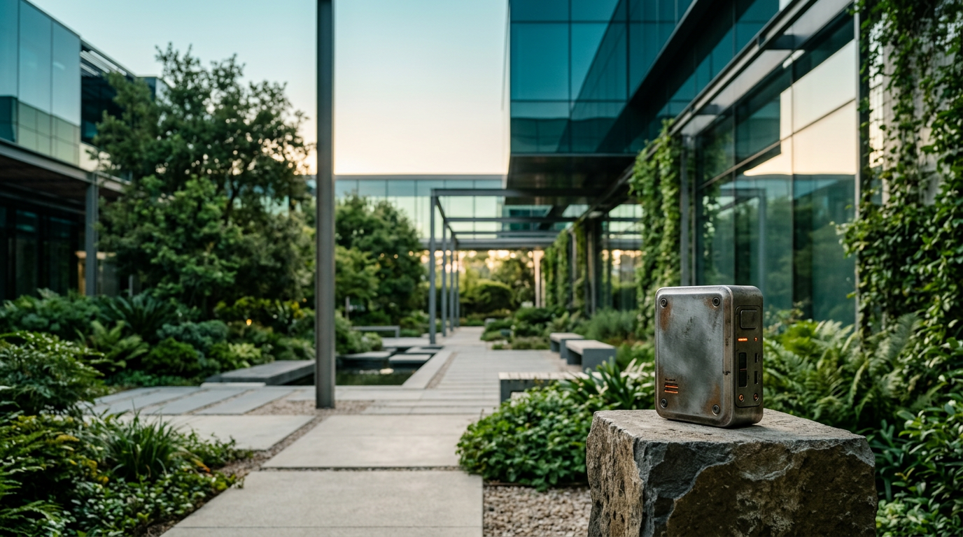 A cinematic eye-level wide shot of a modern, minimalist outdoor workspace courtyard at the soft transition of dawn, featuring a weathered brushed metallic gray sensory hub discreetly mounted on a stone pedestal in the lower right third, featuring subtle glowing burnt orange status lights, the background reveals an expansive architectural garden with lush greenery and deep teal reflective glass surfaces, soft cyan sky transitioning to warm cream sunlight, shot with a 50mm lens creating a shallow depth of field with crisp foreground textures and a soft focus on distant climbing vines and structural pillars, naturalistic lighting, high-end architectural photography style, completely devoid of humans or text, photorealistic, 16:9 aspect ratio.
