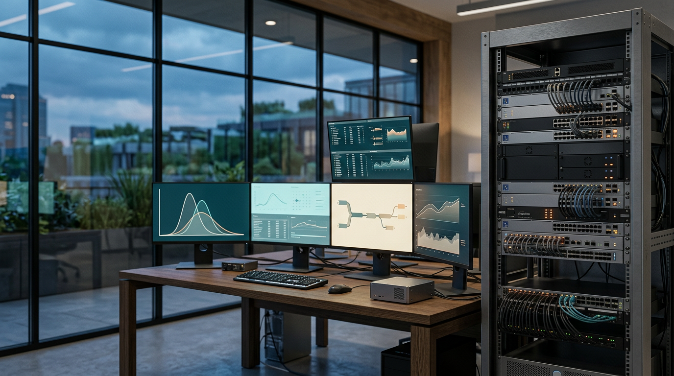 A photorealistic 16:9 close-to-medium shot of a grounded technological workspace inside a modern architectural office at twilight transitioning to daylight. The foreground and midground feature a professional multi-monitor desk setup and an open server rack with complex network diagnostic gear, active analytics hardware, structured cabling, and status interfaces. The screens display abstract analytics pipelines, Bayesian testing distribution curves, and telemetry graphs in deep teal and warm cream. The camera uses a natural 35mm lens with a medium depth of field, keeping the physical hardware, matte electronics, and brushed metallic gray casings sharp and detailed, while floor-to-ceiling glass walls, sleek architectural framing, and layered natural greenery just outside softly blur in the background. The color palette centers on deep teal shadow areas, soft cyan hardware reflections, warm cream display glows, and discreet burnt orange indicator lights. Completely unoccupied with zero humans, zero text, zero logos, and entirely physical, realistic enterprise technology.