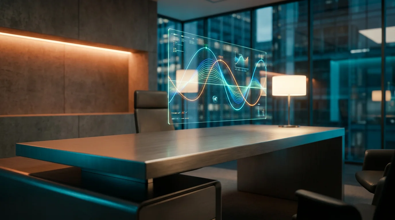 A high-end cinematic wide shot of a modern, minimalist executive workspace featuring a sleek, transparent holographic interface suspended above a brushed metallic desk, representing complex data visualization and predictive business modeling, the scene is illuminated with professional studio lighting including soft cream key lights and deep teal ambient rim lighting, a subtle accent of warm burnt orange light glows from a nearby architectural element to denote high-energy innovation, professional environment with shallow depth of field shot on an 85mm lens at f/1.8, the background is a blurred, high-tech glass-walled office with clean, geometric interior lines, pristine surfaces, no text, no logos, ultra-realistic 8K resolution, photorealistic commercial photography, 16:9 aspect ratio.