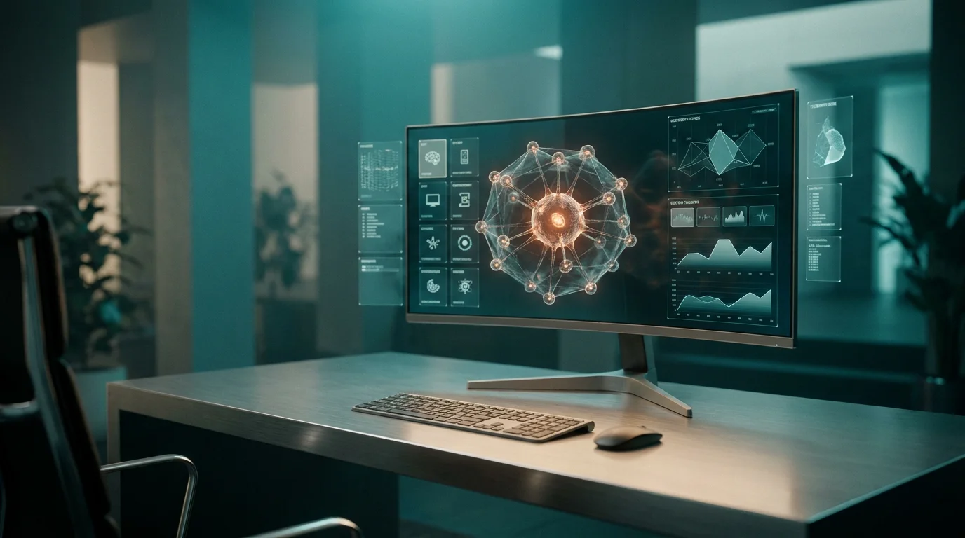 A minimalist executive workspace with a sleek, brushed metallic gray desk and a high-tech, curved monitor displaying a floating, semi-transparent 3D neural network node, glowing holographic system tiles, and geometric telemetry graphs, all illuminated by ambient deep teal and soft cyan volumetric lighting, with a subtle burnt orange glow emanating from the neural node, and soft warm cream key lighting across the workspace surfaces, shot on an 85mm prime lens at f/1.8, with a shallow depth of field and creamy bokeh, cinematic volumetric studio lighting, crisp specular reflections, and hyper-realistic 8K textures, 16:9 widescreen aspect ratio.