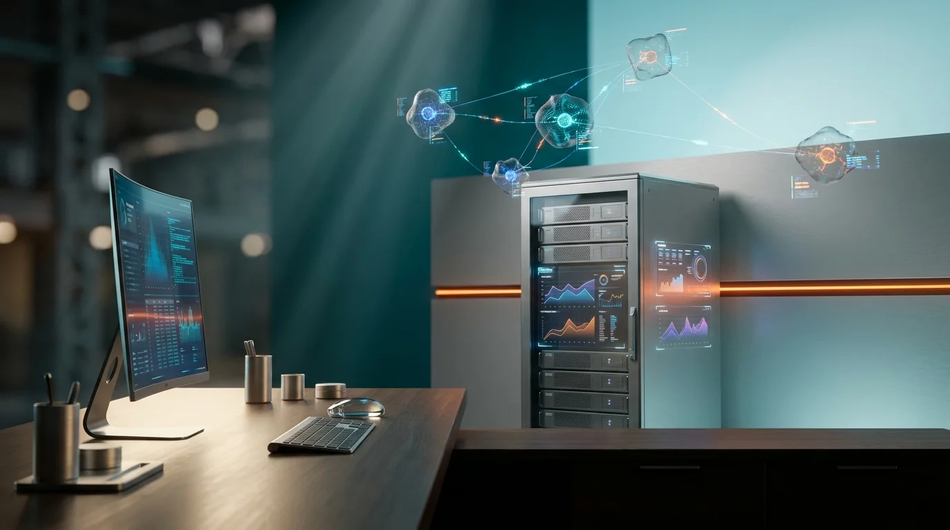 A hyper-realistic 8K photograph of an ultra-modern minimalist executive workstation, shot on an 85mm prime lens at f/1.8, featuring a shallow depth of field and creamy bokeh, with cinematic volumetric studio lighting and crisp specular reflections. The workspace is illuminated with ambient deep teal (#116F76) and soft cyan (#C1E3E6) gradients, complemented by a subtle energetic burnt orange (#E06719) light streak emanating from a sleek, brushed metallic gray (#E6E6E6) high-tech server rack. The server rack is adorned with glowing holographic system tiles and geometric telemetry graphs, representing the essential infrastructure components for running autonomous AI agents. Floating semi-transparent 3D neural nodes hover above the workspace, interconnected by automated data pulses, symbolizing compute capabilities, orchestration, data management, and security. The minimalist surfaces are bathed in soft warm cream (#FFF4CE) key lighting, creating a futuristic and immersive environment, with a 16:9 widescreen aspect ratio.
