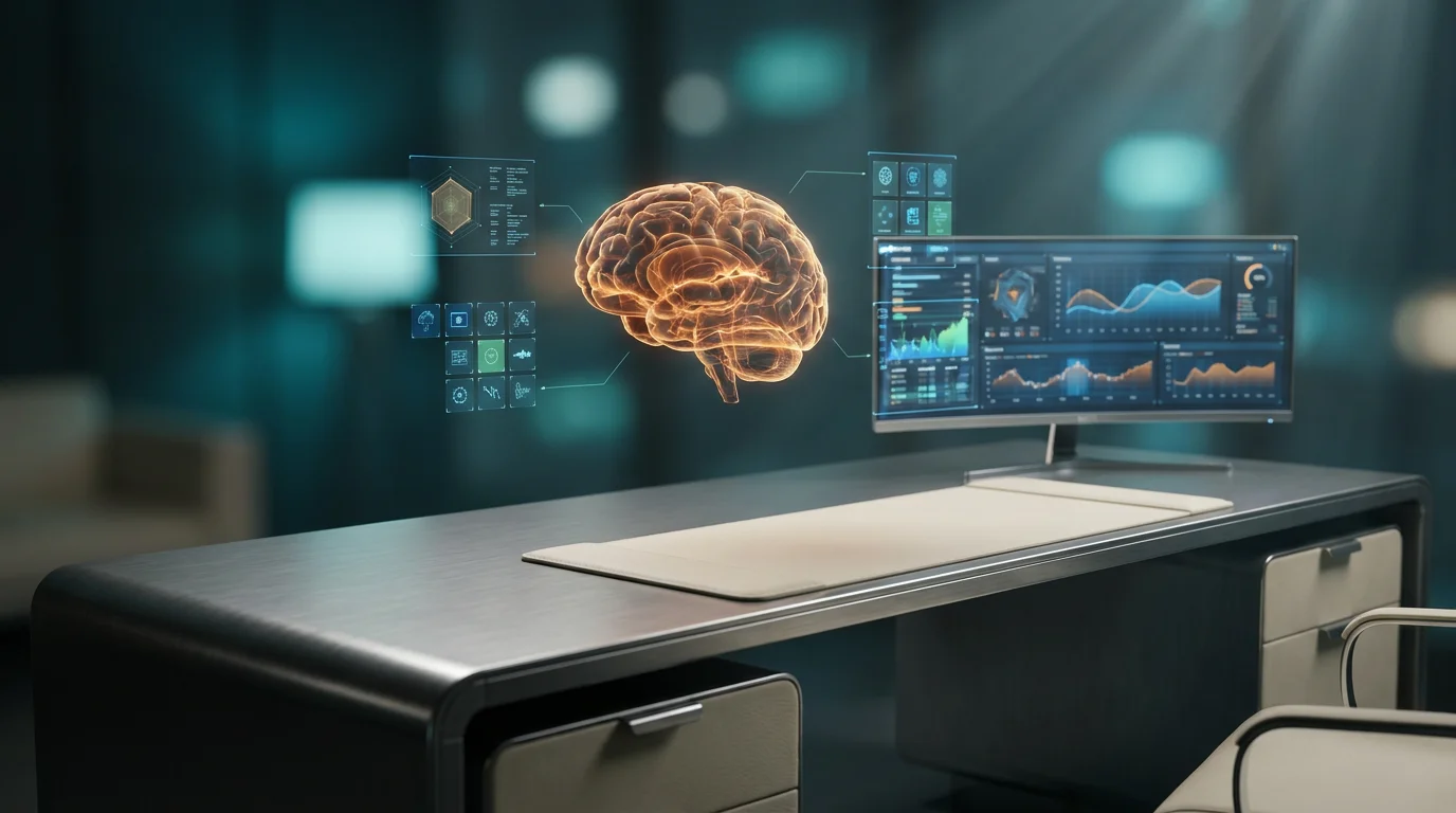A hyper-realistic 8K photograph of an ultra-modern minimalist executive workstation, captured with an 85mm prime lens at f/1.8, featuring a shallow depth of field and creamy bokeh, showcasing a sleek brushed metallic gray desk with soft warm cream surfaces, illuminated by ambient deep teal and soft cyan volumetric lighting, with a subtle burnt orange glow emanating from a floating semi-transparent 3D neural node hovering above the desk, surrounded by glowing holographic system tiles and geometric telemetry graphs, all reflecting crisp specular highlights, with cinematic studio lighting and a 16:9 widescreen aspect ratio.