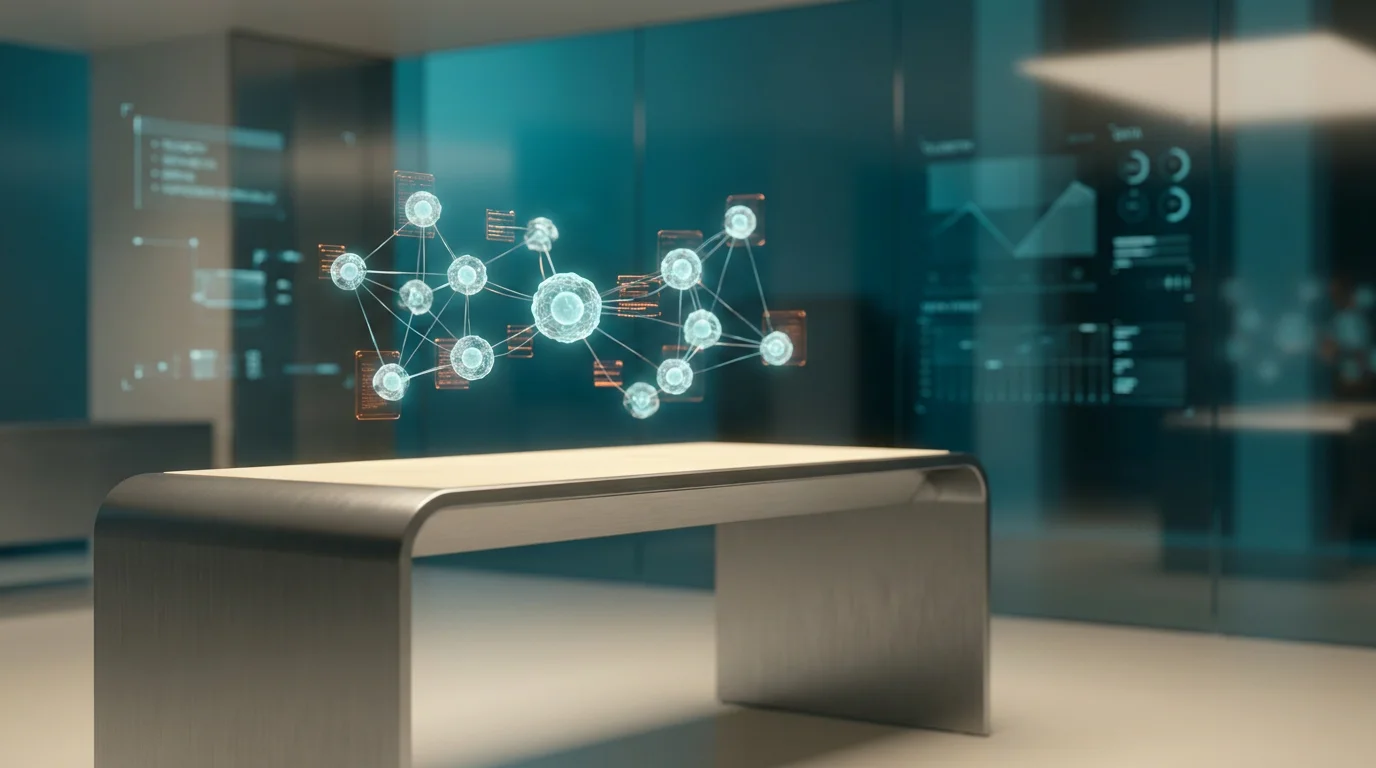 A hyper-realistic 8K photograph of an ultra-modern minimalist executive workstation, captured with an 85mm prime lens at f/1.8, featuring a shallow depth of field and creamy bokeh, showcasing a sleek, brushed metallic gray desk with a soft warm cream surface, illuminated by cinematic volumetric studio lighting. The workspace is adorned with floating semi-transparent 3D neural nodes emitting a soft cyan glow, interconnected by glowing holographic system tiles that pulse with a subtle burnt orange energy. The background features a deep teal and soft cyan gradient, with geometric telemetry graphs and data streams reflecting off the glass surfaces, creating crisp specular reflections. The scene is devoid of any text or logos, focusing solely on the futuristic, high-tech environment that embodies the seamless integration of AI automations in enterprise operations.