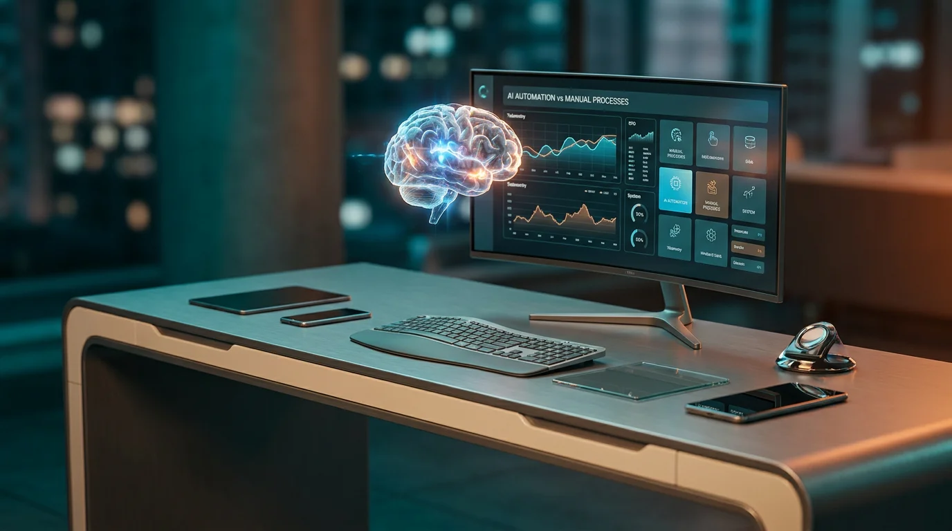 A hyper-realistic 8K photograph of an ultra-modern minimalist executive workstation, captured with an 85mm prime lens at f/1.8, featuring a shallow depth of field and creamy bokeh, showcasing a sleek, brushed metallic gray desk with soft warm cream surfaces, illuminated by cinematic volumetric studio lighting with deep teal and soft cyan ambient gradients, and a subtle burnt orange glow emanating from a floating semi-transparent 3D neural node hovering above the desk, with glowing holographic system tiles and geometric telemetry graphs interspersed throughout the workspace, reflecting the strategic landscape of AI automations vs manual processes, with crisp specular reflections and high-tech hardware, --ar 16:9.