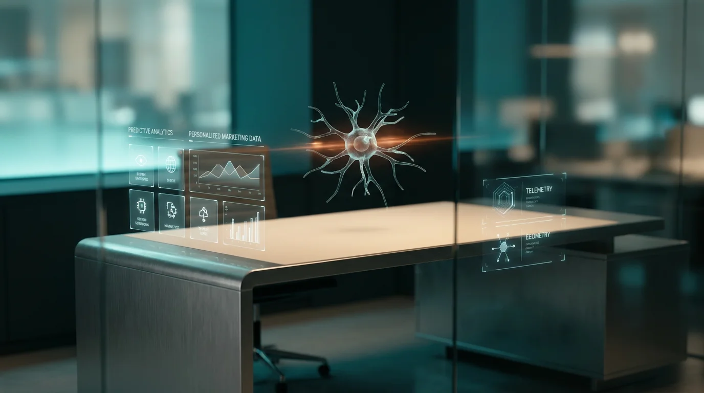 A hyper-realistic 8K photograph of an ultra-modern minimalist executive workspace, captured with an 85mm prime lens at f/1.8, featuring a shallow depth of field and creamy bokeh, showcasing a sleek, brushed metallic gray desk with a soft warm cream surface, illuminated by cinematic volumetric studio lighting with deep teal and soft cyan ambient gradients, and a subtle burnt orange energetic light streak emanating from a floating semi-transparent 3D neural node hovering above the desk, with glowing holographic system tiles and geometric telemetry graphs displaying predictive analytics and personalized marketing data, all reflected in the glossy surfaces, --ar 16:9.