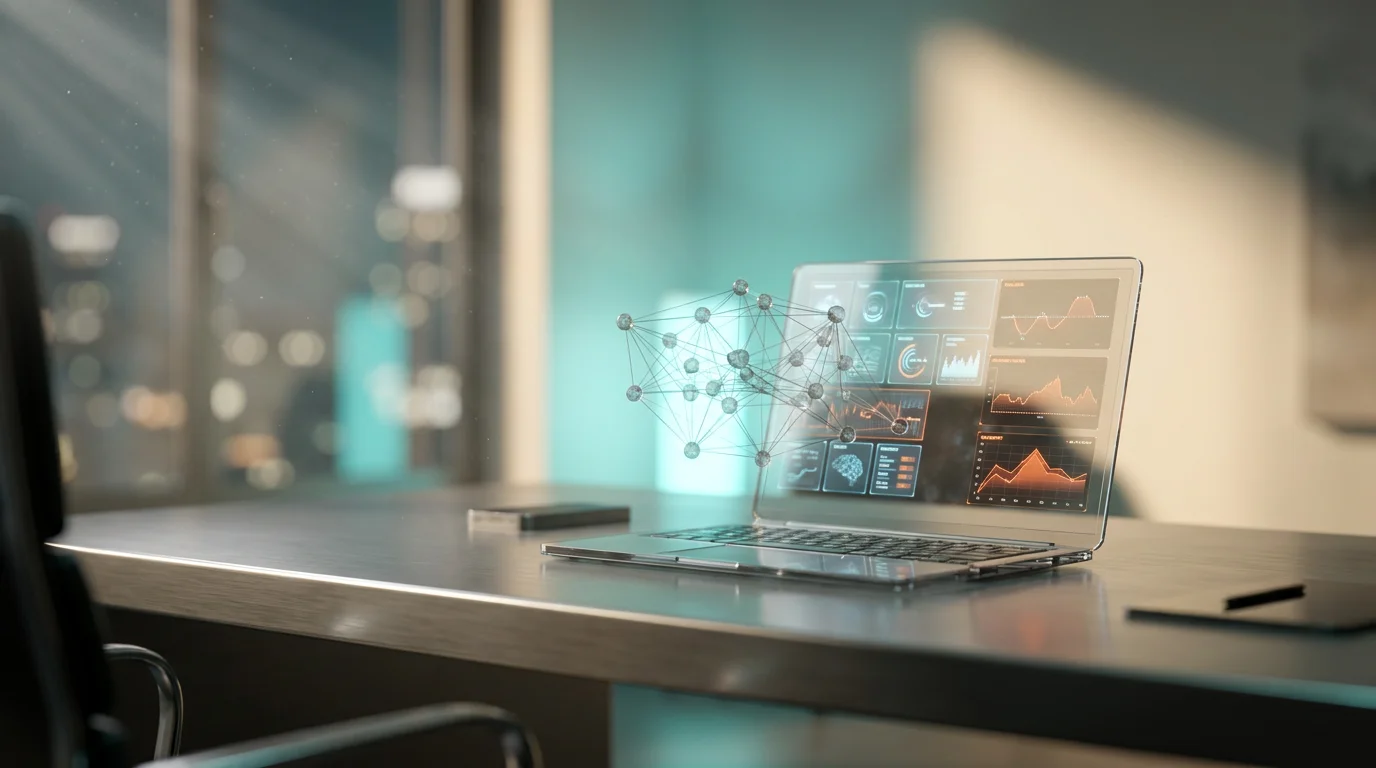 A hyper-realistic 8K photograph of an ultra-modern minimalist executive workspace, captured with an 85mm prime lens at f/1.8, featuring a shallow depth of field and creamy bokeh. The scene is illuminated with cinematic volumetric studio lighting, showcasing crisp specular reflections and a deep teal (`#116F76`) and soft cyan (`#C1E3E6`) ambient glow. The workspace includes a sleek, brushed metallic gray (`#E6E6E6`) desk with a high-tech laptop displaying a floating semi-transparent 3D neural node network, glowing holographic system tiles, and geometric telemetry graphs that subtly pulse with a burnt orange (`#E06719`) energetic light. The background features a gradient depth with soft warm cream (`#FFF4CE`) key lighting across minimalist surfaces, creating a futuristic and innovative atmosphere. The image should evoke a sense of cutting-edge technology and continuous optimization, symbolizing the power of AI-driven A/B testing for landing pages.