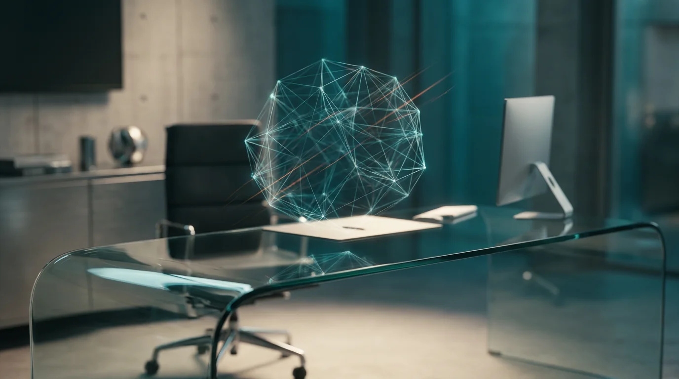 A minimalist, ultra-modern executive workspace with a sleek, curved glass desk and a floating, semi-transparent 3D neural network node hovering above it, shot on an 85mm prime lens at f/1.8 with a shallow depth of field and creamy bokeh, cinematic volumetric studio lighting, and crisp specular reflections, hyper-realistic 8K textures, deep teal and soft cyan ambient volumetric illumination, subtle burnt orange energetic light streaks, soft warm cream key lighting across the workspace surfaces, brushed metallic gray high-tech hardware, architectural elements, and matte glass finishes, 16:9 widescreen aspect ratio.