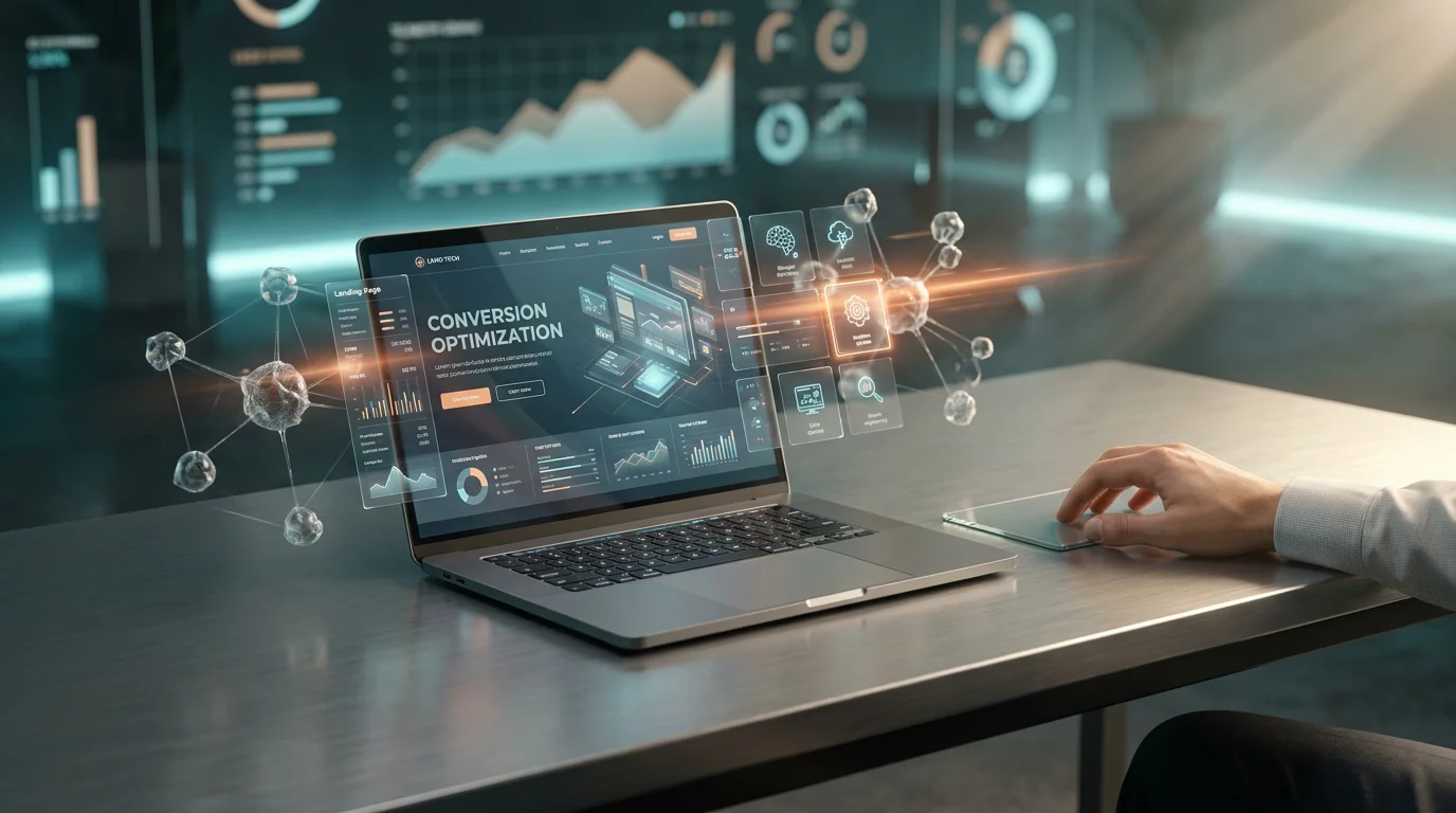 A hyper-realistic 8K photograph of an ultra-modern minimalist executive workspace, captured with an 85mm prime lens at f/1.8, featuring a shallow depth of field and creamy bokeh. The scene is illuminated with cinematic volumetric studio lighting, showcasing crisp specular reflections and a deep teal (`#116F76`) and soft cyan (`#C1E3E6`) ambient glow. The workspace includes a sleek, brushed metallic gray (`#E6E6E6`) desk with a high-tech laptop displaying a holographic interface of a landing page, surrounded by floating semi-transparent 3D neural nodes and glowing holographic system tiles. The nodes and tiles emit a subtle burnt orange (`#E06719`) energetic light streak, symbolizing AI-driven optimization. Soft warm cream (`#FFF4CE`) key lighting highlights the minimalist surfaces, while geometric telemetry graphs and modern engineering elements fill the background, creating a futuristic and dynamic atmosphere. The image conveys the theme of AI-driven landing pages enhancing conversion rates through personalized content and continuous optimization, all within a 16:9 widescreen aspect ratio.