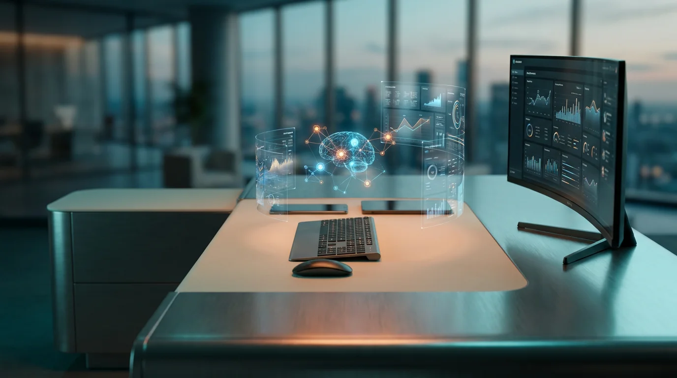 A hyper-realistic 8K photograph of an ultra-modern minimalist executive workstation, shot on an 85mm prime lens at f/1.8, featuring a shallow depth of field with creamy bokeh and cinematic volumetric studio lighting. The workspace includes a sleek, brushed metallic gray desk with a soft warm cream surface, adorned with high-tech hardware and matte glass finishes. Floating semi-transparent 3D neural nodes and glowing holographic system tiles hover above the desk, displaying geometric telemetry graphs and real-time data analytics. The ambient illumination features a deep teal and soft cyan gradient, with subtle energetic light streaks in burnt orange highlighting the focal points. The scene captures the essence of AI-driven personalization, showcasing predictive segmentation and advanced data analytics in a futuristic, high-tech environment, with crisp specular reflections and a 16:9 widescreen aspect ratio.