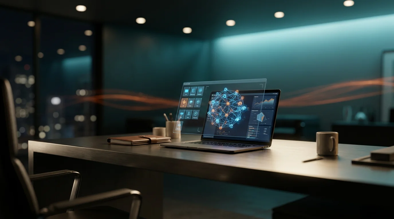 A hyper-realistic 8K photograph of an ultra-modern minimalist executive workspace, captured with an 85mm prime lens at f/1.8, featuring a shallow depth of field and creamy bokeh. The scene is illuminated with cinematic volumetric studio lighting, showcasing crisp specular reflections and a deep teal and soft cyan ambient glow. The workspace includes a sleek, brushed metallic gray desk with a high-tech laptop displaying a floating semi-transparent 3D neural network node, glowing holographic system tiles, and geometric telemetry graphs. The background features a gradient depth with subtle energetic light streaks in burnt orange, highlighting the focal point of the workspace. Soft warm cream key lighting illuminates the minimalist surfaces, creating a harmonious blend of technology and design.