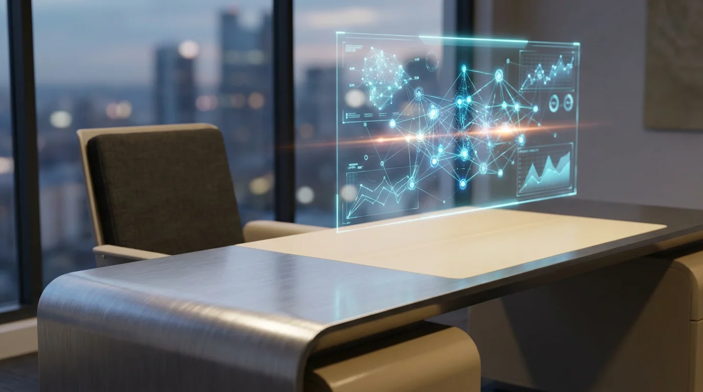 A hyper-realistic 8K photograph of an ultra-modern minimalist executive workstation, captured with an 85mm prime lens at f/1.8, featuring a shallow depth of field and creamy bokeh, cinematic volumetric studio lighting, and crisp specular reflections, showcasing a sleek, brushed metallic gray desk with a soft warm cream surface, adorned with a floating semi-transparent 3D neural node network, glowing holographic system tiles, and geometric telemetry graphs, with ambient volumetric illumination in deep teal and soft cyan hues, and a subtle energetic light streak in burnt orange, highlighting the advanced AI-driven design interface, --ar 16:9