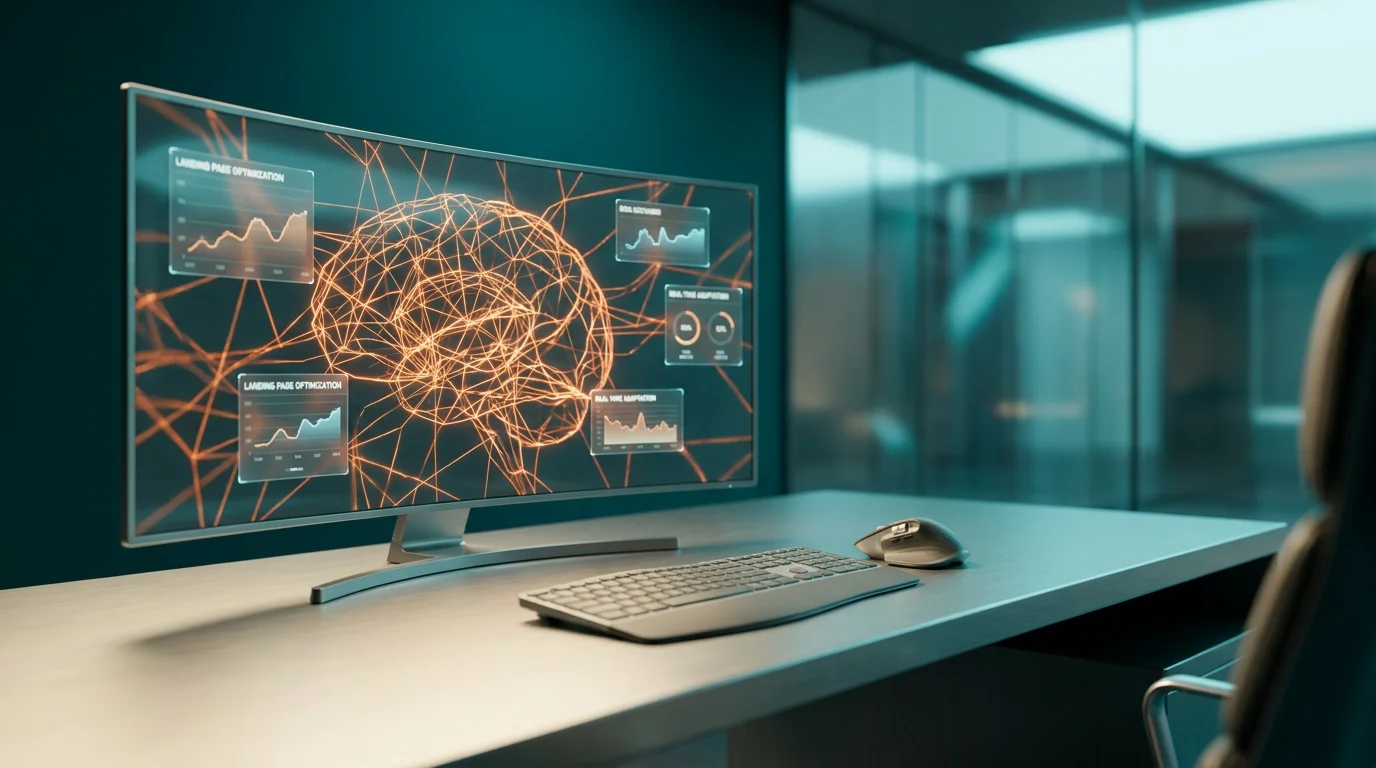 A hyper-realistic 8K photograph of an ultra-modern minimalist executive workspace, captured with an 85mm prime lens at f/1.8, featuring a shallow depth of field and creamy bokeh. The scene is illuminated with cinematic volumetric studio lighting, showcasing crisp specular reflections and a deep teal (#116F76) and soft cyan (#C1E3E6) ambient glow. The workspace includes a sleek, brushed metallic gray (#E6E6E6) desk with a high-tech monitor displaying a floating semi-transparent 3D neural node network, glowing holographic system tiles, and geometric telemetry graphs that pulse with a subtle burnt orange (#E06719) light. The desk is adorned with a soft warm cream (#FFF4CE) key light, highlighting the minimalist design. In the background, a futuristic architectural element with matte glass finishes reflects the vibrant colors, creating a sense of depth and modernity. The image embodies the theme of AI-driven landing page optimization, with the neural nodes and holographic elements symbolizing rapid variation generation, personalized content, and real-time adaptation.