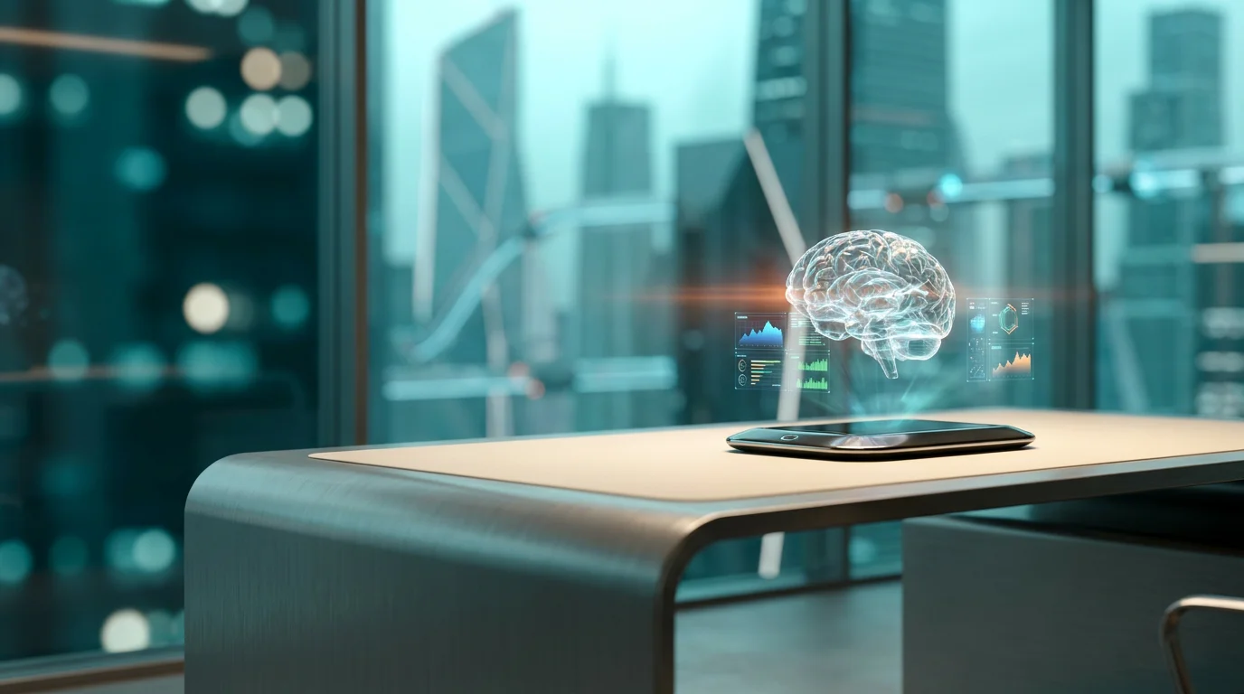 A hyper-realistic 8K photograph of an ultra-modern minimalist executive workspace, captured with an 85mm prime lens at f/1.8, featuring a shallow depth of field and creamy bokeh, showcasing a sleek, brushed metallic gray desk with a soft warm cream surface. The workspace is illuminated by ambient volumetric lighting in deep teal and soft cyan hues, with a subtle energetic light streak in burnt orange highlighting the focal point. The desk features a large, semi-transparent 3D neural node floating above a high-tech device, displaying glowing holographic system tiles and geometric telemetry graphs that pulse with automated data. The background reveals a futuristic cityscape with similar minimalist architectural elements, all bathed in the same color harmony, creating a seamless blend of technology and innovation, with no visible text or logos.