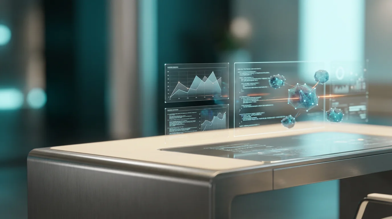 A hyper-realistic 8K photograph of an ultra-modern minimalist executive workstation, captured with an 85mm prime lens at f/1.8, featuring a shallow depth of field and creamy bokeh, cinematic volumetric studio lighting, and crisp specular reflections, showcasing a sleek brushed metallic gray desk with a soft warm cream surface, adorned with advanced AI-powered A/B testing tools, floating semi-transparent 3D neural nodes, glowing holographic system tiles, and geometric telemetry graphs, with ambient volumetric illumination in deep teal and soft cyan, and a subtle energetic light streak in burnt orange, highlighting the futuristic technology and data-driven insights that revolutionize landing pages, all within a 16:9 widescreen aspect ratio.