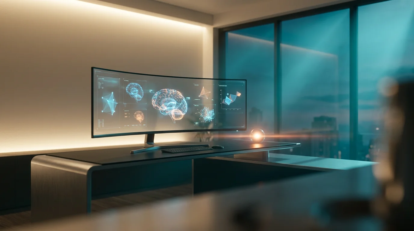 A minimalist, ultra-modern executive workspace featuring a sleek, brushed metallic gray desk with a high-tech, matte glass finish, illuminated by soft warm cream key lighting, showcasing a large, ultra-wide curved monitor displaying a dynamic, holographic system interface with floating, semi-transparent 3D neural nodes and glowing geometric telemetry graphs, all rendered in hyper-realistic 8K textures, shot on an 85mm prime lens at f/1.8 with a shallow depth of field and creamy bokeh, cinematic volumetric studio lighting with deep teal and soft cyan ambient illumination, and a subtle burnt orange energetic light streak emanating from the neural nodes, representing the optimization of user funnels through behavioral data analysis, --ar 16:9