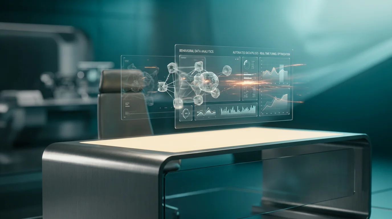 A hyper-realistic 8K photograph of an ultra-modern minimalist executive workspace, captured with an 85mm prime lens at f/1.8, featuring a shallow depth of field and creamy bokeh, showcasing a sleek, brushed metallic gray desk with a soft warm cream surface. The workspace is illuminated by ambient volumetric lighting in deep teal and soft cyan hues, casting crisp specular reflections on the glass and metallic surfaces. The focal point is a high-tech, holographic interface displaying floating semi-transparent 3D neural nodes and glowing holographic system tiles, representing behavioral data analytics. The interface features geometric telemetry graphs and dynamic data visualizations, with subtle energetic light streaks in burnt orange, symbolizing automated data pulses and real-time funnel optimization. The background features a gradient depth in deep teal and soft cyan, with a hint of modern engineering elements, creating a cinematic and futuristic atmosphere, --ar 16:9.