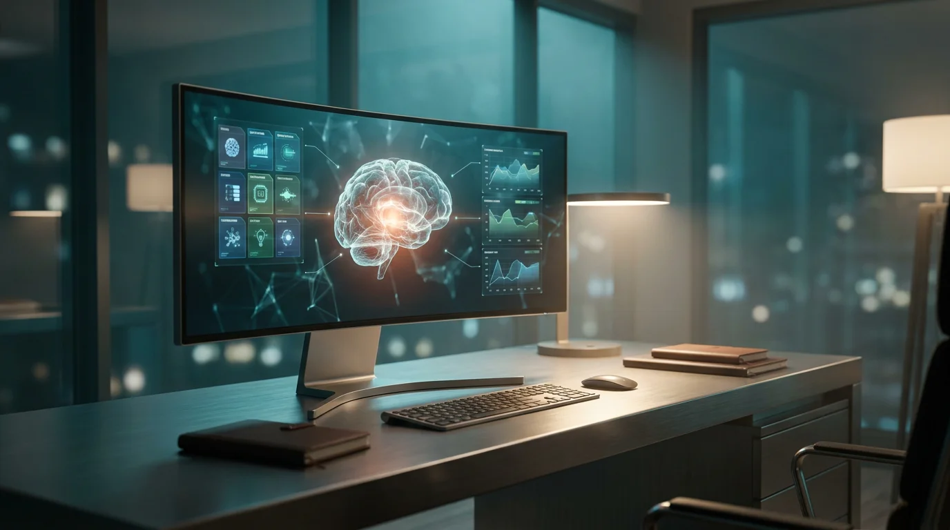 A minimalist executive workspace with a sleek, brushed metallic gray desk and a large, ultra-high-definition monitor displaying a floating, semi-transparent 3D neural network node, glowing holographic system tiles, and geometric telemetry graphs, all illuminated by ambient deep teal and soft cyan volumetric lighting, with a subtle burnt orange glow emanating from the neural node, and soft warm cream key lighting across the workspace surfaces, shot on an 85mm prime lens at f/1.8, with a shallow depth of field, creamy bokeh, and cinematic volumetric studio lighting, crisp specular reflections, hyper-realistic 8K textures, 16:9 widescreen aspect ratio.