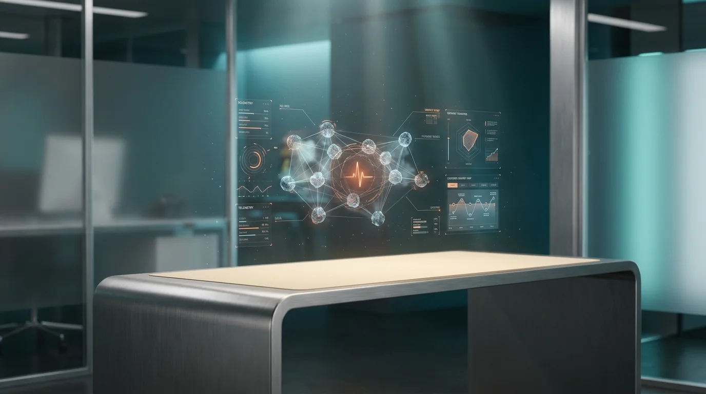 A hyper-realistic 8K photograph of an ultra-modern minimalist executive workstation, shot on an 85mm prime lens at f/1.8, with a shallow depth of field and creamy bokeh, showcasing a sleek, brushed metallic gray desk with a soft warm cream surface. The workspace is bathed in ambient volumetric illumination with deep teal and soft cyan gradients, creating a sense of depth and modernity. Floating semi-transparent 3D neural nodes and glowing holographic system tiles hover above the desk, displaying intricate geometric telemetry graphs and data visualizations that subtly pulse with a burnt orange glow, representing the dynamic nature of customer journey mapping. The background features a high-tech architectural environment with matte glass finishes and crisp specular reflections, emphasizing the advanced and innovative setting. Cinematic volumetric studio lighting highlights the intricate details of the workspace, creating a visually stunning and immersive representation of enhancing customer experience through advanced journey mapping techniques, 16:9 widescreen aspect ratio.