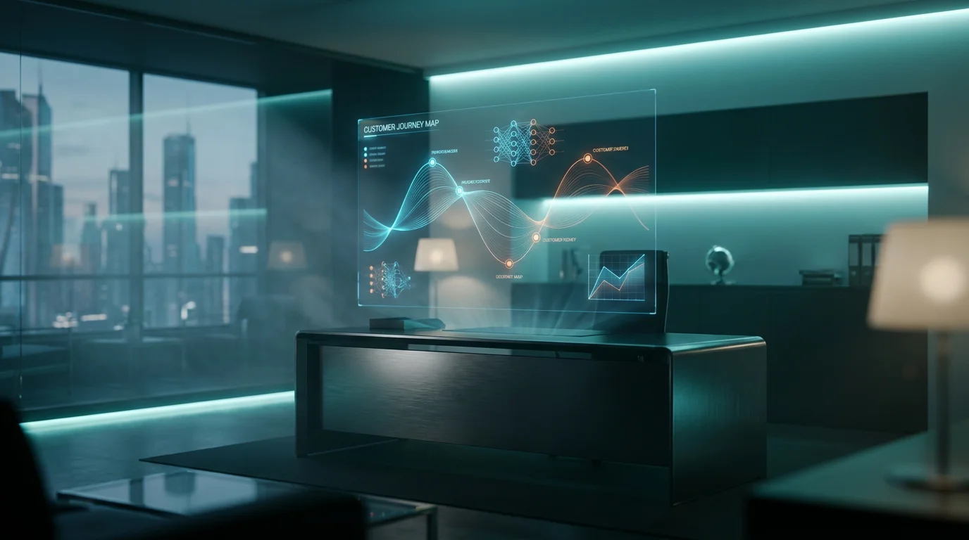 A minimalist, ultra-modern executive workspace with a sleek, brushed metallic gray desk and a large, high-resolution holographic display floating above it, showcasing a dynamic, real-time customer journey map with glowing neural nodes and geometric telemetry graphs, all illuminated by ambient deep teal and soft cyan volumetric lighting with a subtle burnt orange data pulse, shot on an 85mm prime lens at f/1.8, 16:9 widescreen aspect ratio, shallow depth of field, creamy bokeh, cinematic volumetric studio lighting, crisp specular reflections, hyper-realistic 8K textures.