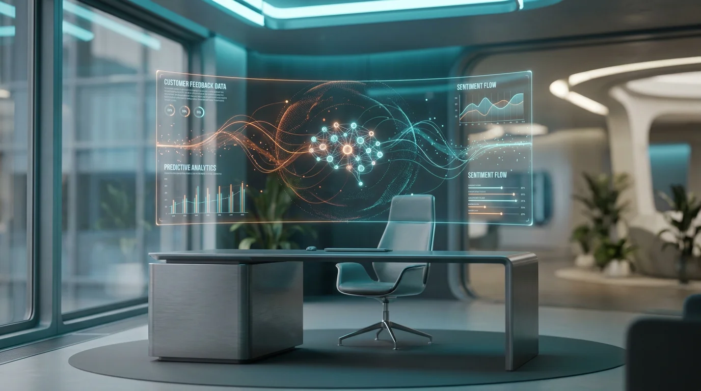 A minimalist, ultra-modern executive workspace with a sleek, brushed metallic gray desk and a large, curved holographic display floating above it, showcasing intricate, glowing neural nodes and geometric telemetry graphs that represent customer feedback data, with a subtle burnt orange glow emanating from the display, highlighting key metrics and predictive analytics, all illuminated by ambient deep teal and soft cyan volumetric lighting, with a shallow depth of field and creamy bokeh, shot on an 85mm prime lens at f/1.8, 16:9 widescreen aspect ratio.