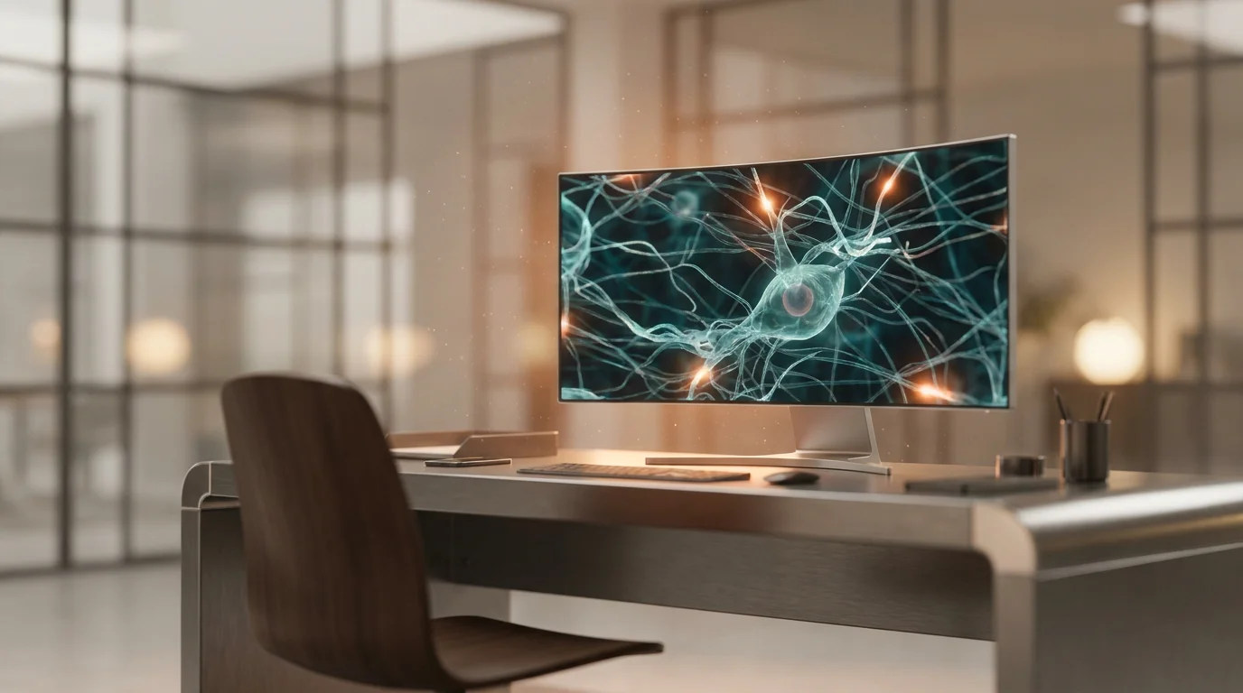 A minimalist executive workspace with a sleek, brushed metallic gray desk and a high-tech, curved monitor displaying a dynamic, holographic neural network in deep teal and soft cyan, with a subtle burnt orange glow emanating from the data pulses, all illuminated by soft warm cream studio lighting, shot on an 85mm prime lens at f/1.8, 16:9 widescreen aspect ratio, shallow depth of field, creamy bokeh, cinematic volumetric studio lighting, crisp specular reflections, hyper-realistic 8K textures.