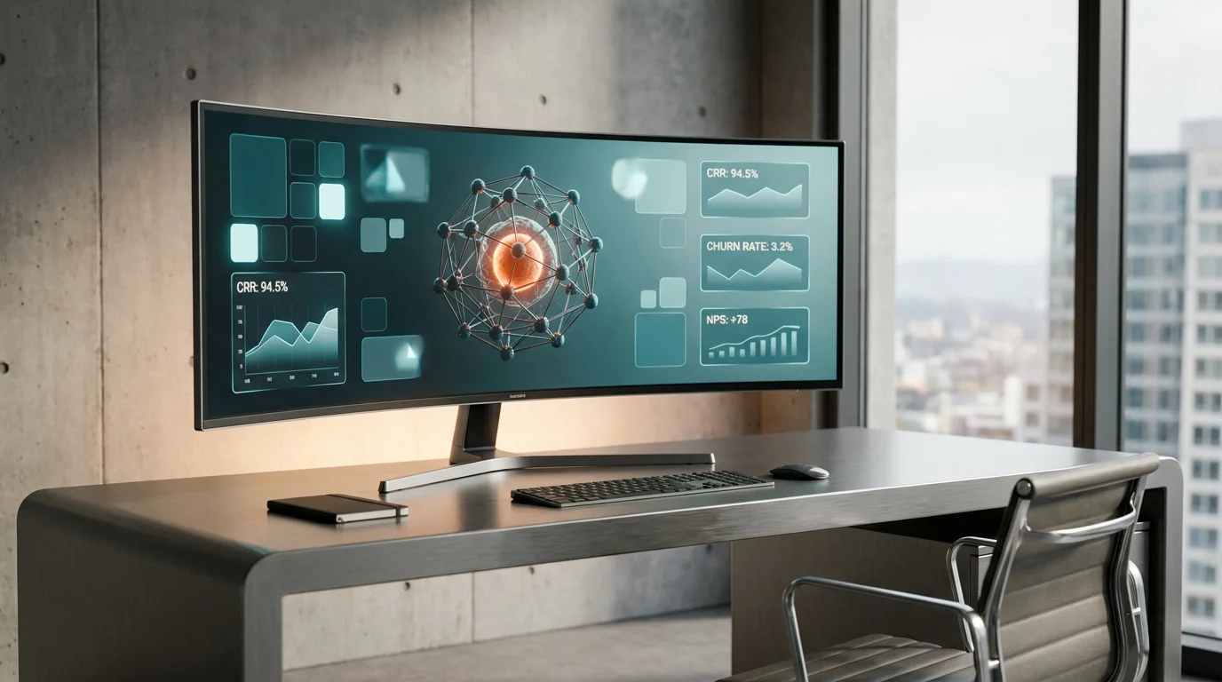A minimalist executive workspace with a sleek, brushed metallic gray desk and a high-tech, ultra-wide curved monitor displaying a floating, semi-transparent 3D neural network node, glowing holographic system tiles, and geometric telemetry graphs in deep teal and soft cyan, with a subtle burnt orange glow emanating from the neural node, showcasing customer retention metrics like CRR, Churn Rate, and NPS, shot on an 85mm prime lens at f/1.8, with a shallow depth of field, creamy bokeh, and cinematic volumetric studio lighting, crisp specular reflections, and hyper-realistic 8K textures, 16:9 widescreen aspect ratio.