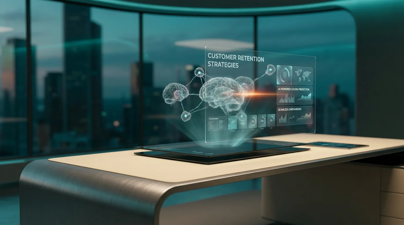 A hyper-realistic 8K photograph of an ultra-modern minimalist executive workspace, captured with an 85mm prime lens at f/1.8, featuring a shallow depth of field and creamy bokeh, showcasing a sleek, brushed metallic gray desk with a soft warm cream surface. The desk is adorned with advanced tech hardware, including a holographic interface displaying floating semi-transparent 3D neural nodes and glowing holographic system tiles, all illuminated by ambient volumetric lighting in deep teal and soft cyan hues. The scene includes a subtle energetic light streak in burnt orange, highlighting the focal point of the holographic interface. The background features a gradient depth in deep teal and soft cyan, with crisp specular reflections on the glass surfaces, creating a cinematic and futuristic atmosphere. The workspace is meticulously designed to represent the cutting-edge technologies and strategies for customer retention in the tech industry, emphasizing seamless onboarding and AI-powered churn prediction.