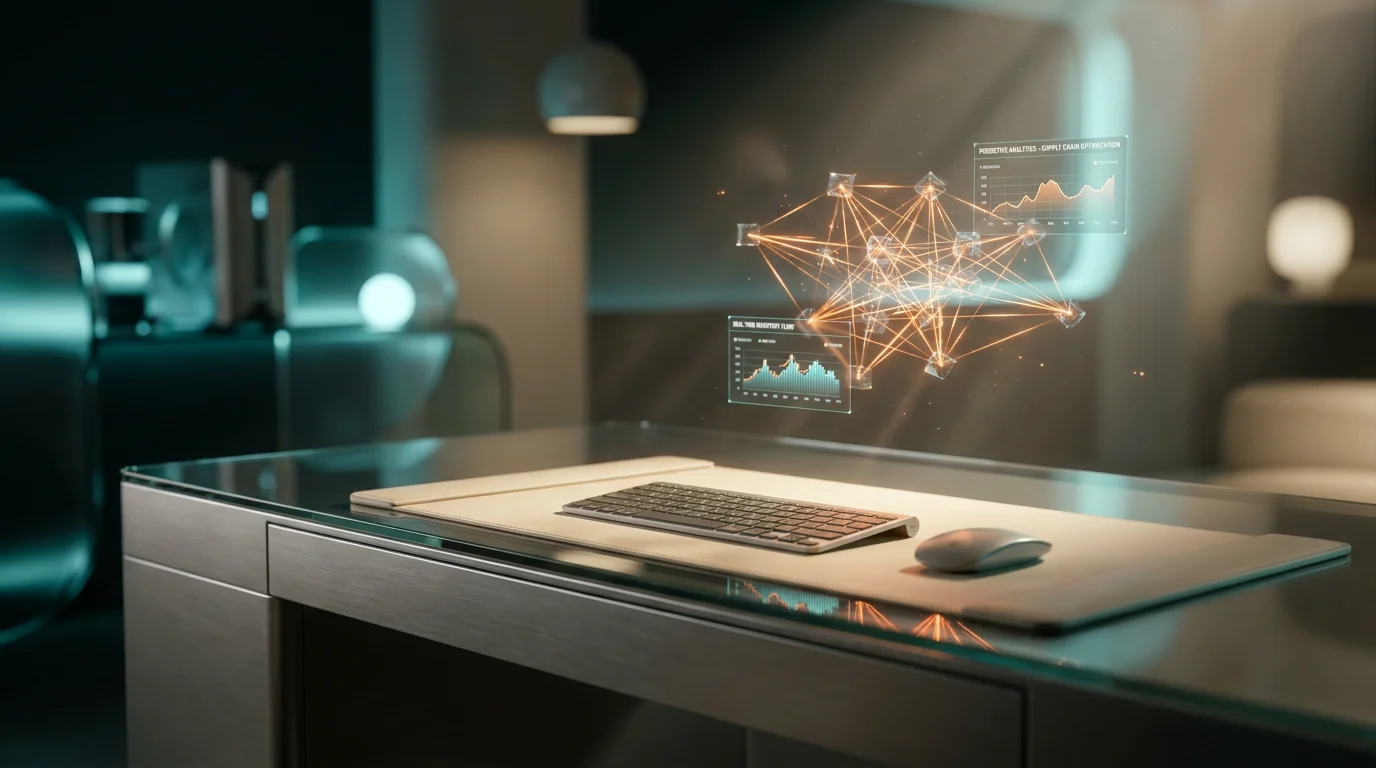 A hyper-realistic 8K photograph of an ultra-modern minimalist executive workstation, captured with an 85mm prime lens at f/1.8, featuring a shallow depth of field and creamy bokeh, showcasing a sleek, brushed metallic gray desk with a soft warm cream surface, illuminated by cinematic volumetric studio lighting, with deep teal and soft cyan ambient gradients reflecting off the glass nodes and high-tech hardware, a floating semi-transparent 3D neural network node glowing with a subtle burnt orange energetic light streak, displaying holographic system tiles and geometric telemetry graphs that represent predictive analytics in supply chain management, with crisp specular reflections and hyper-realistic textures, 16:9 widescreen aspect ratio.