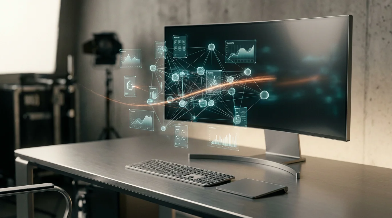 A hyper-realistic 8K photograph of an ultra-modern minimalist executive workstation, captured with an 85mm prime lens at f/1.8, featuring a shallow depth of field and creamy bokeh, showcasing a floating semi-transparent 3D neural node network with glowing holographic system tiles and geometric telemetry graphs, all illuminated by ambient volumetric lighting with a deep teal and soft cyan gradient, and a subtle energetic burnt orange light streak, with soft warm cream key lighting across the workspace surfaces, and brushed metallic gray high-tech hardware, all within a cinematic studio setting with crisp specular reflections, 16:9 widescreen aspect ratio.