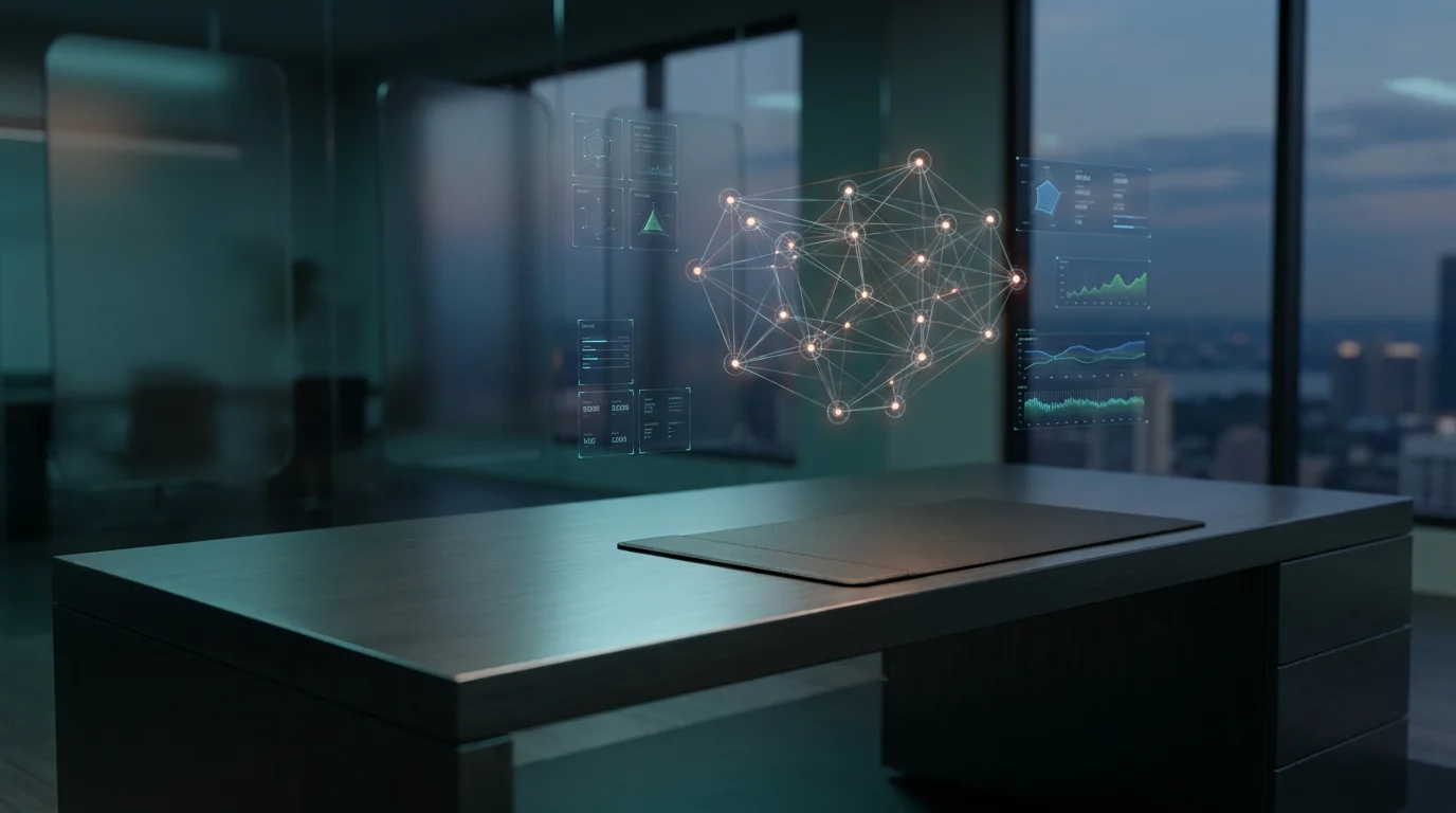 A minimalist executive workspace with a sleek, brushed metallic gray desk and a high-tech, floating semi-transparent 3D neural node network, glowing holographic system tiles, and geometric telemetry graphs, all illuminated by ambient deep teal and soft cyan volumetric lighting, with a subtle burnt orange glow emanating from the neural nodes, shot on an 85mm prime lens at f/1.8, with a shallow depth of field and creamy bokeh, showcasing crisp specular reflections and hyper-realistic 8K textures, --ar 16:9.