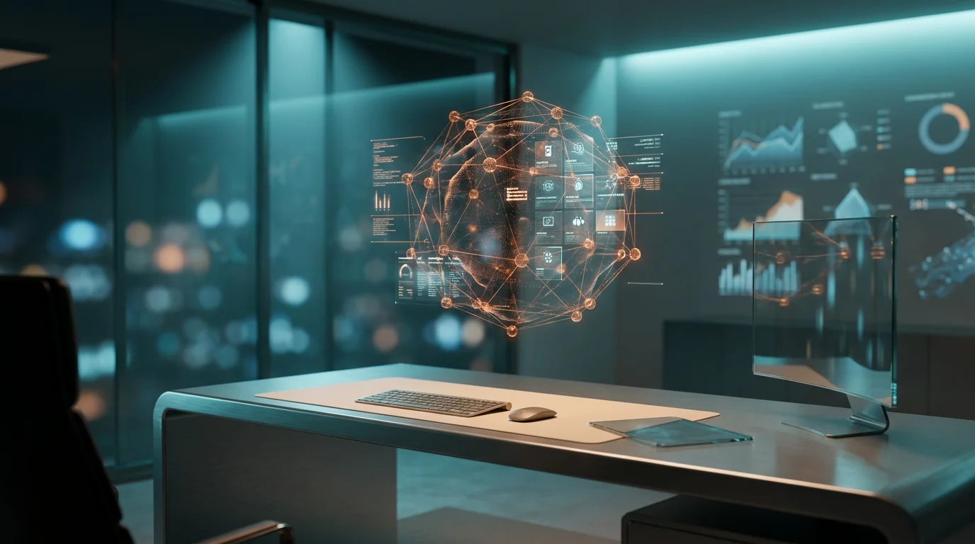 A hyper-realistic 8K photograph of an ultra-modern minimalist executive workstation, captured with an 85mm prime lens at f/1.8, featuring a shallow depth of field and creamy bokeh, showcasing a sleek, brushed metallic gray desk with a soft warm cream surface. The workspace is illuminated by ambient volumetric lighting in deep teal and soft cyan hues, casting crisp specular reflections on the glass and metallic surfaces. The focal point is a large, floating semi-transparent 3D neural node network, glowing with a subtle burnt orange energy, displaying real-time AI data streams and holographic system tiles. Surrounding the neural nodes are geometric telemetry graphs and dynamic engineering visualizations, all rendered with hyper-realistic textures and cinematic volumetric studio lighting, emphasizing the cutting-edge technology and innovation of real-time AI applications in optimizing business processes.