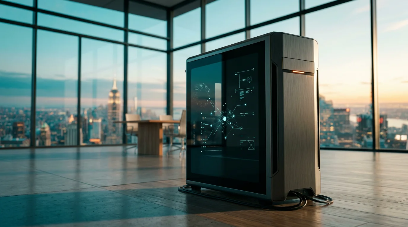 Cinematic low-angle eye-level shot of a sleek, brushed metallic gray server tower and query-processing unit standing diagonally in a modern, sunlit architectural briefing room at twilight transitioning to dawn. The singular hardware unit features a discreet burnt orange status light and a dark glass side panel showing a soft cyan interface with abstract vector nodes and minimal geometric schematics. The expansive background reveals floor-to-ceiling glass windows looking out over a vast, optimistic metropolitan skyline under a soft cyan and deep teal sky. Widescreen 16:9 aspect ratio, shot on an 85mm prime lens with shallow depth of field, crisp foreground hardware focus, natural sunlight casting warm cream highlights and deep teal shadows, zero humans, zero text, completely unoccupied scene.