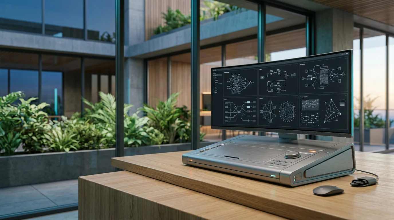 Photorealistic 16:9 widescreen architectural shot of a single modular diagnostic console resting on a polished light wood desk, captured from a dynamic 3/4 perspective angle framing the unit in the right third. The console features a brushed metallic gray chassis and a single curved ultrawide monitor displaying a dark, low-glare UI with abstract node graphs, pipeline diagrams, and vector analytics charts using clean geometric layouts and zero readable text. The scene is set in a modern, serene architectural environment with floor-to-ceiling glass transitioning from twilight to soft morning sunlight, revealing lush natural emerald and sage greenery in an outdoor planter terrace. Color palette features deep teal shadows, soft cyan reflections, warm cream low sunlight, and understated burnt orange accents on subtle status LEDs. Completely unoccupied, zero humans, no floating holograms, shot with an 85mm prime lens, medium depth of field, sharp hardware focus with softly blurred architectural and natural background.